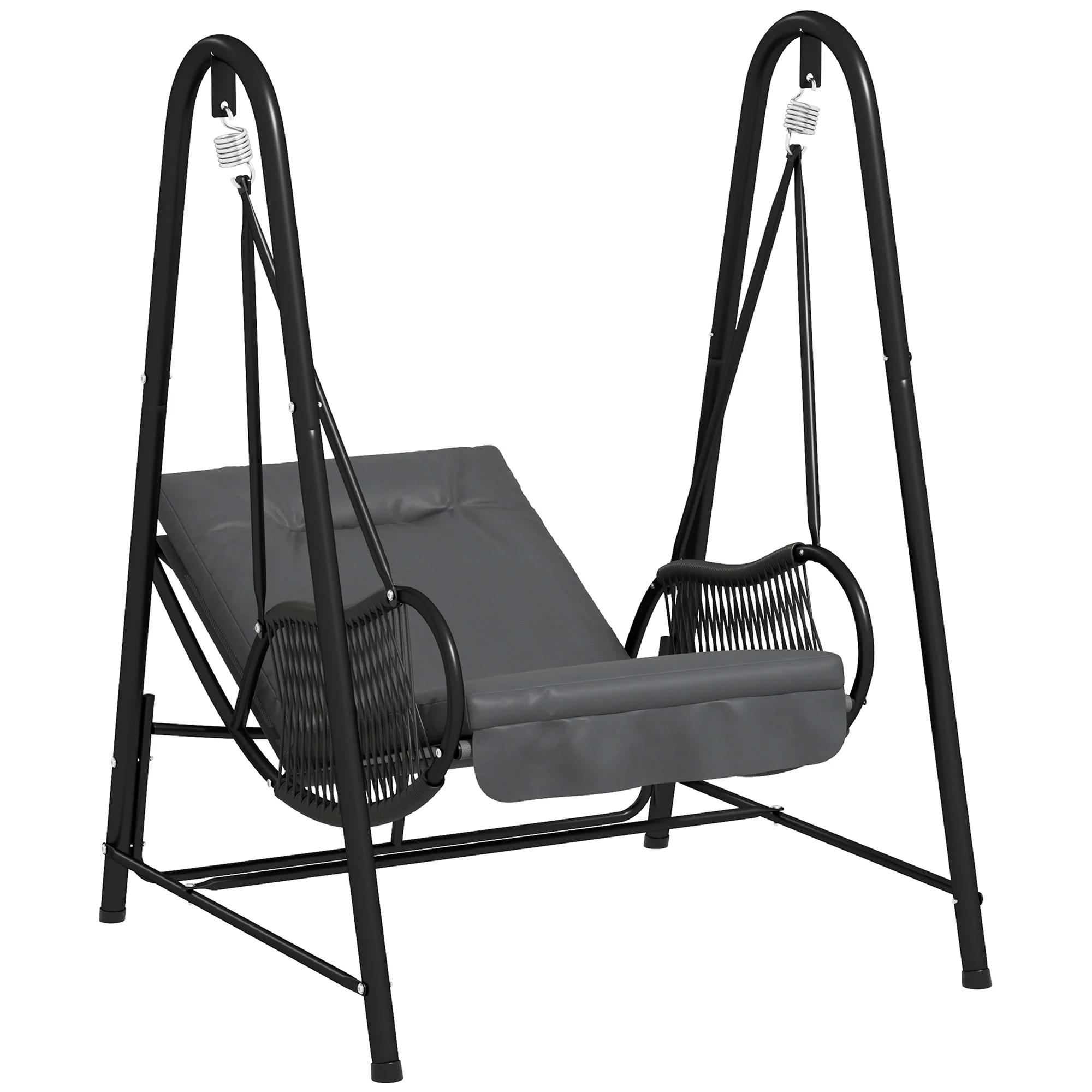 Rattan Swing Chair with Stand and Seat Cushion for Balcony, Garden, Deck, Dark Grey