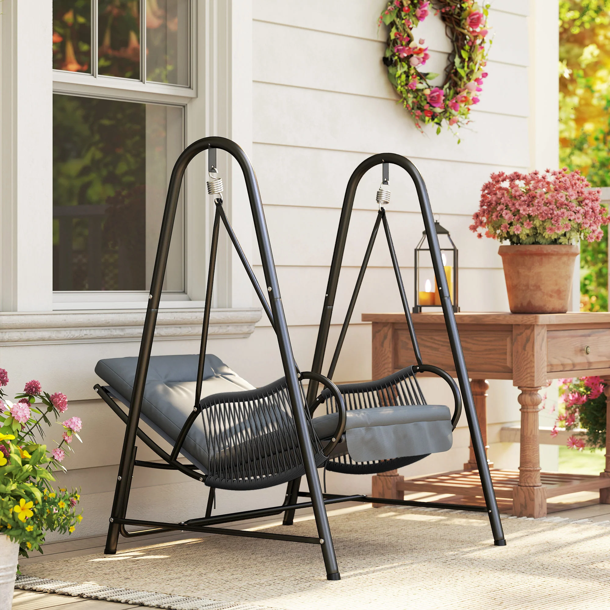Rattan Swing Chair with Stand and Seat Cushion for Balcony, Garden, Deck, Dark Grey - Image 3