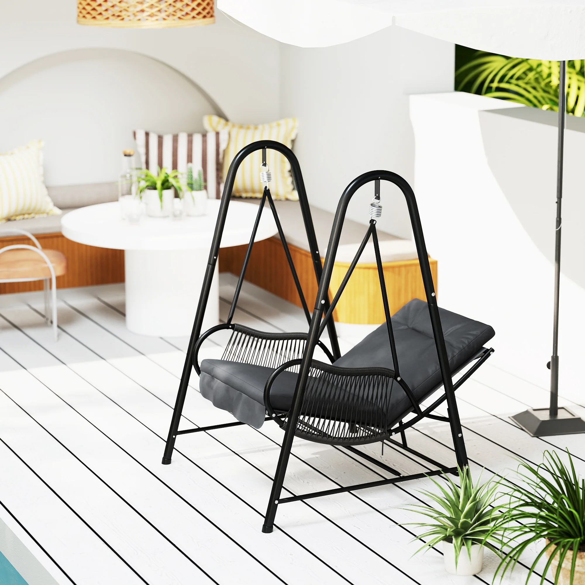 Rattan Swing Chair with Stand and Seat Cushion for Balcony, Garden, Deck, Dark Grey - Image 4