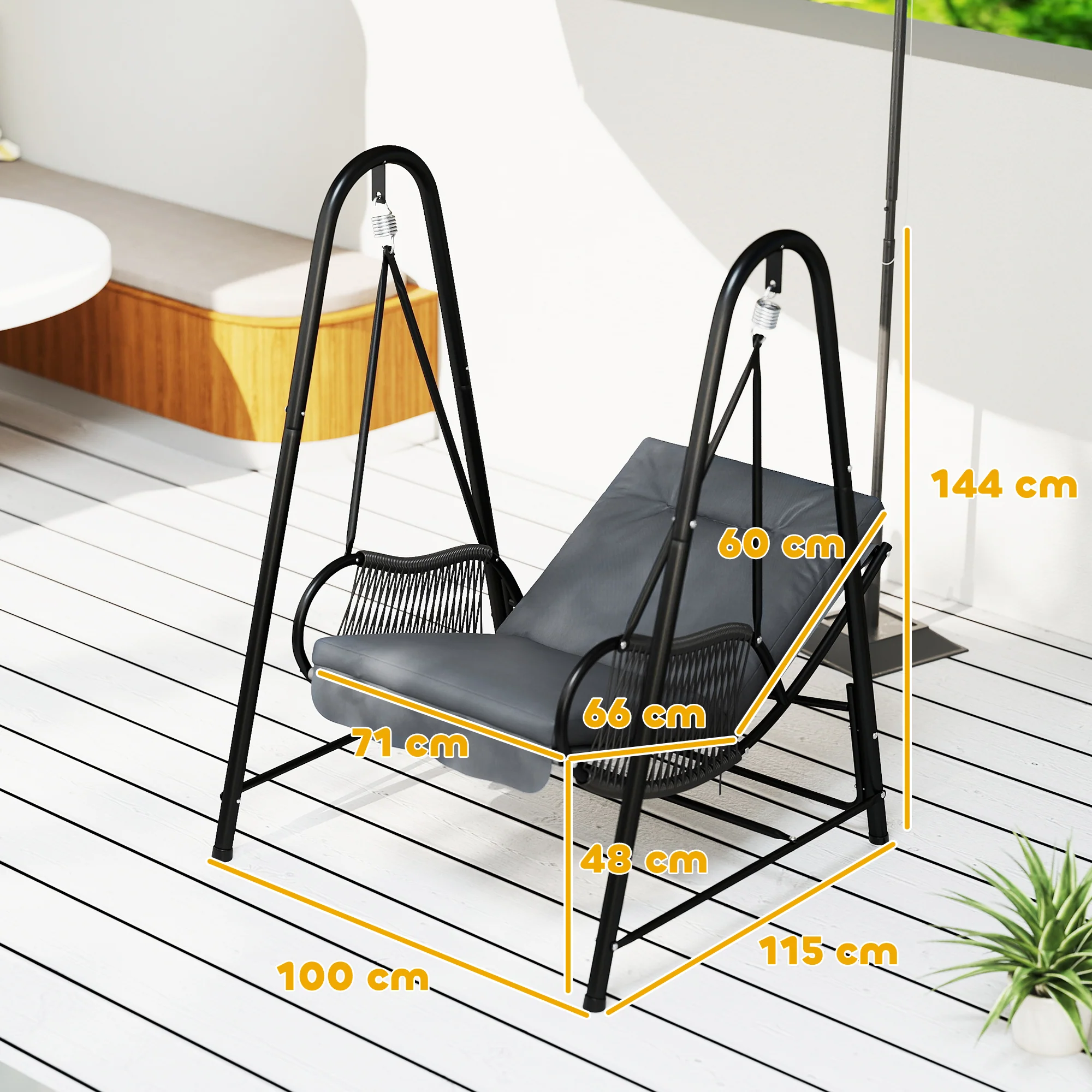 Rattan Swing Chair with Stand and Seat Cushion for Balcony, Garden, Deck, Dark Grey - Image 5