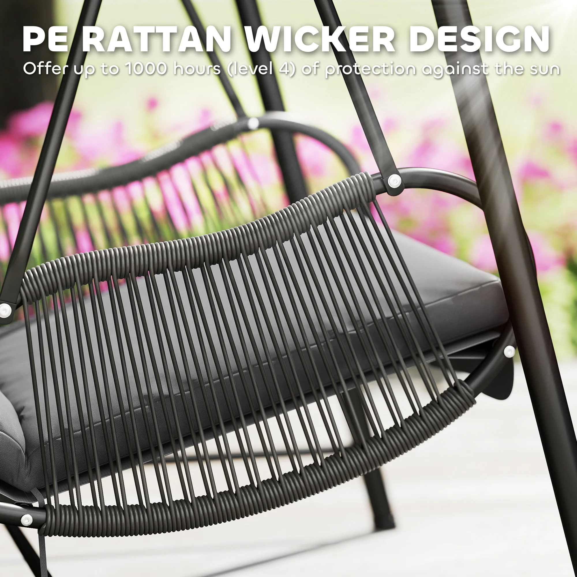Rattan Swing Chair with Stand and Seat Cushion for Balcony, Garden, Deck, Dark Grey - Image 7