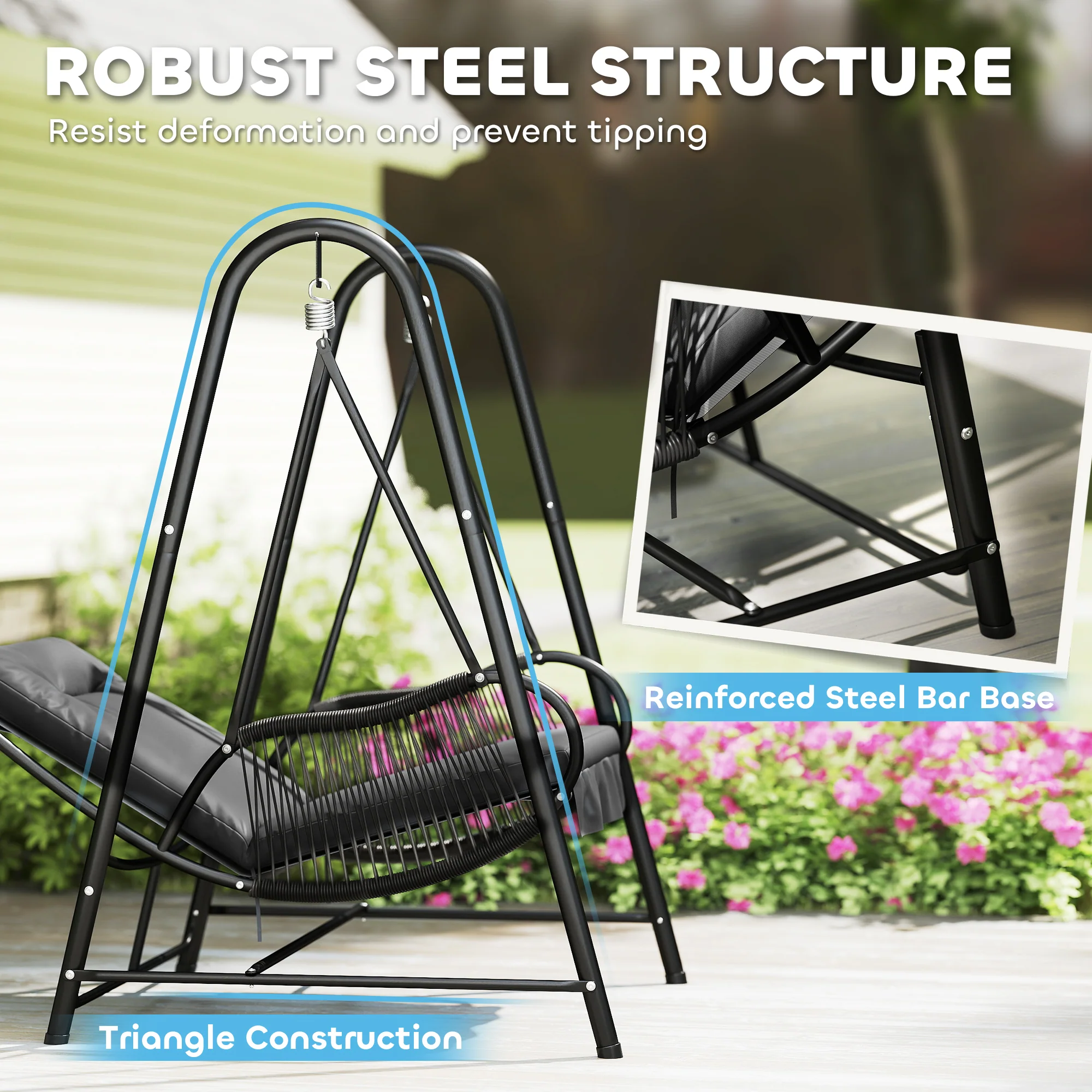 Rattan Swing Chair with Stand and Seat Cushion for Balcony, Garden, Deck, Dark Grey - Image 8
