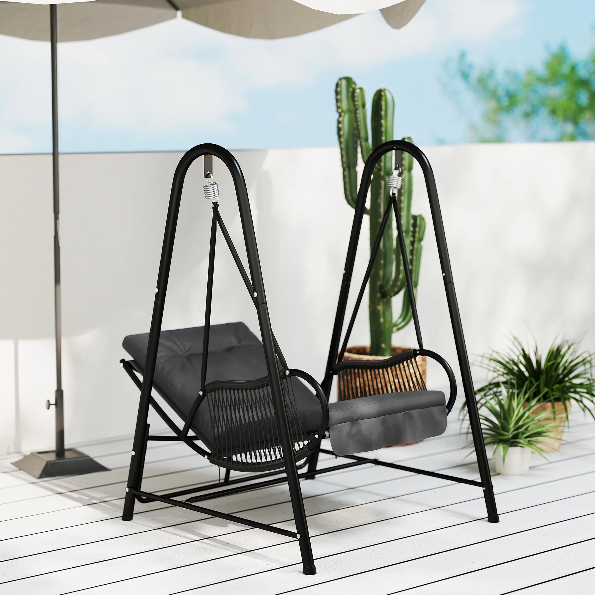 Rattan Swing Chair with Stand and Seat Cushion for Balcony, Garden, Deck, Dark Grey - Image 9