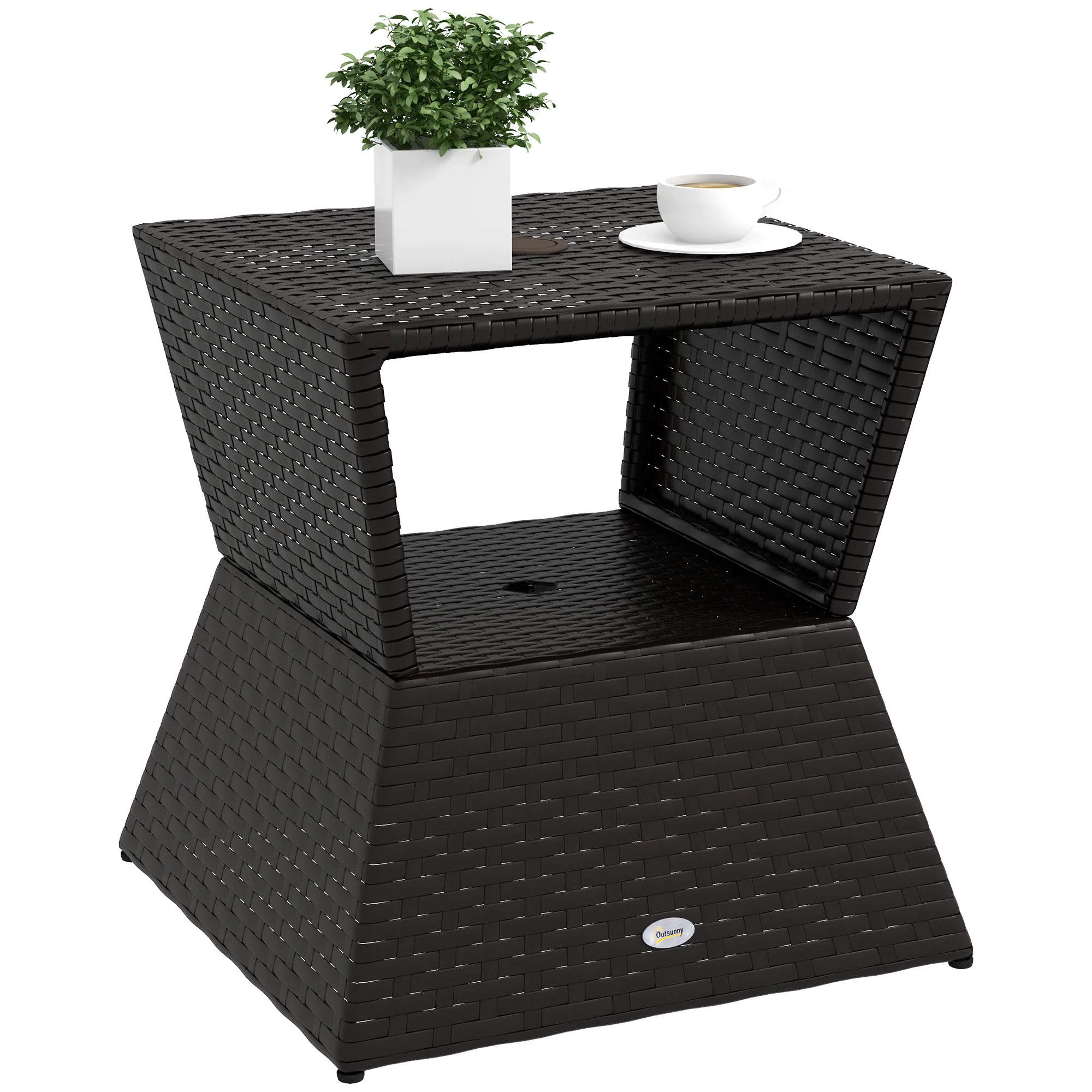 21.3" Square Rattan Wicker Side Table with Umbrella Hole & 2-Tier Storage, Dark Coffee - Image 12