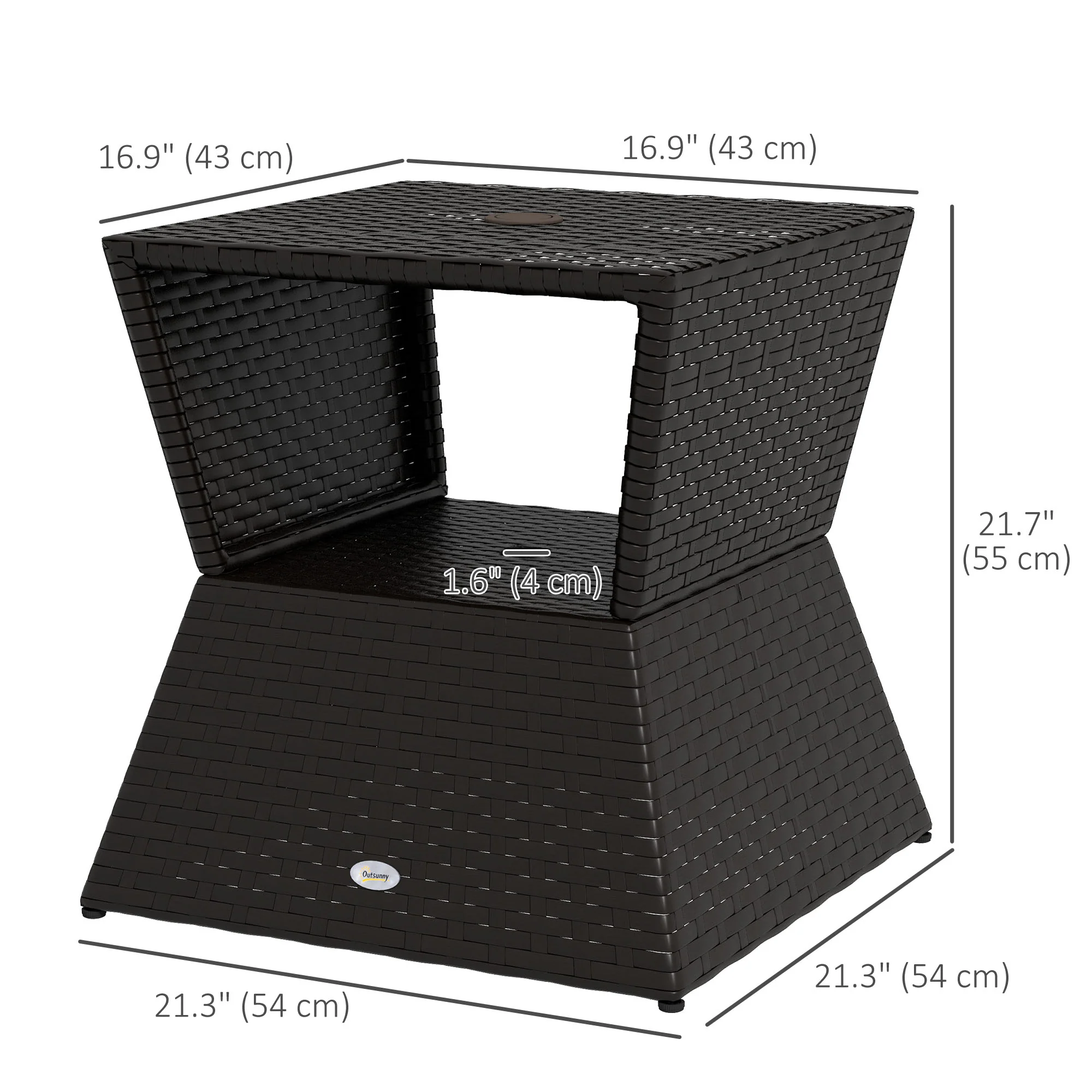 21.3" Square Rattan Wicker Side Table with Umbrella Hole & 2-Tier Storage, Dark Coffee - Image 5