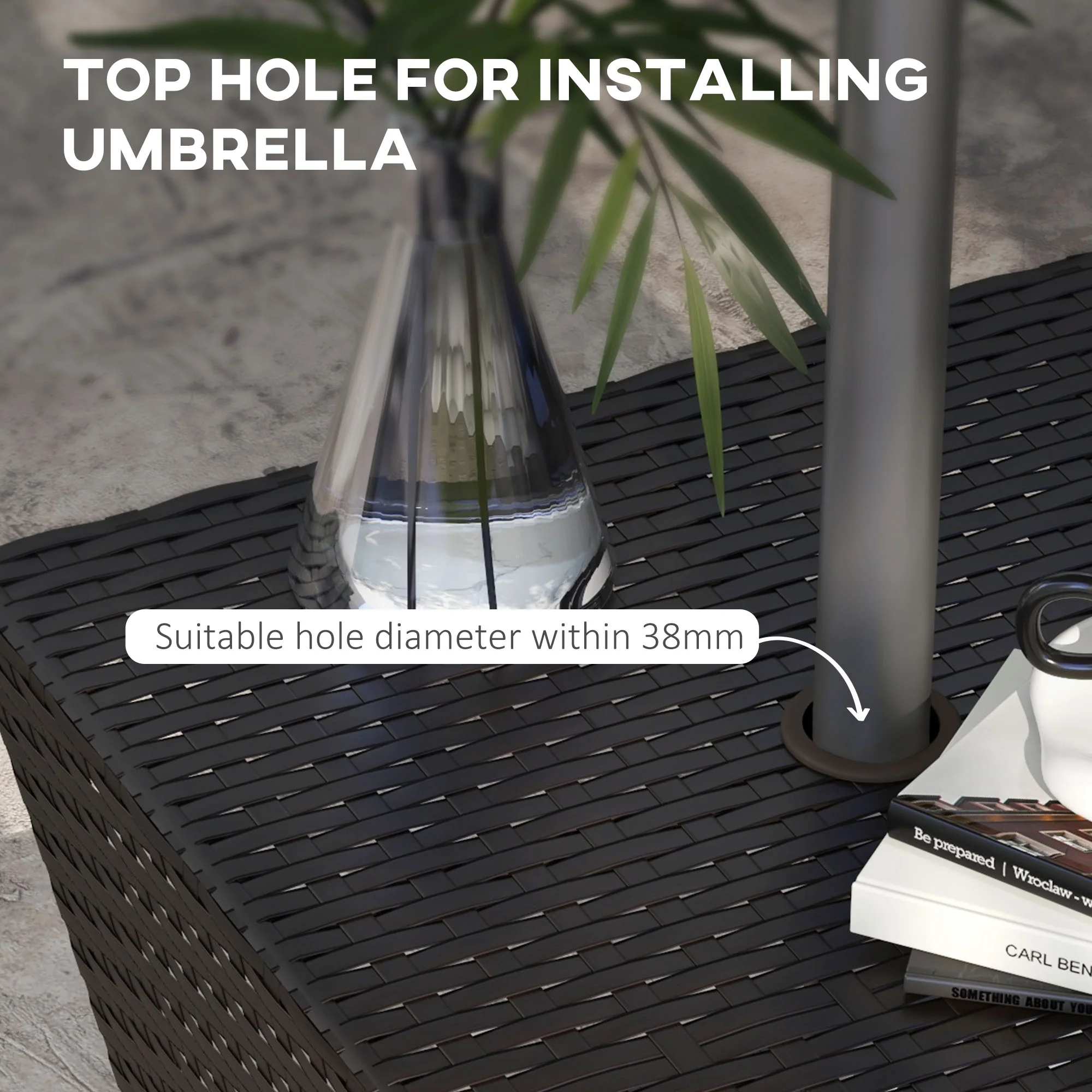 21.3" Square Rattan Wicker Side Table with Umbrella Hole & 2-Tier Storage, Dark Coffee - Image 6