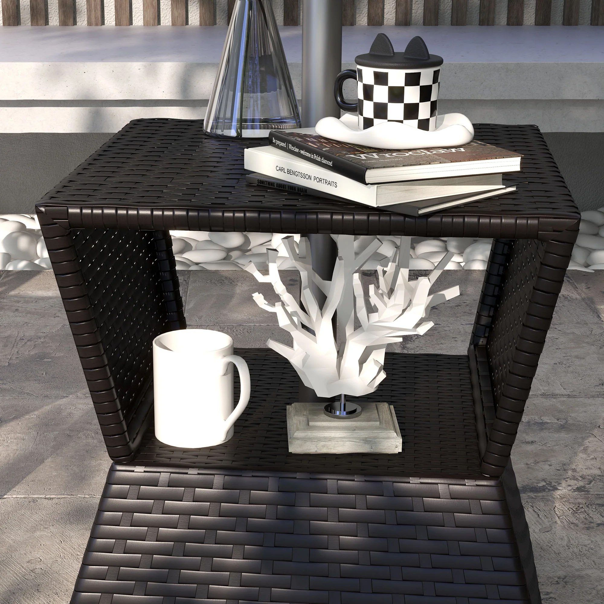 21.3" Square Rattan Wicker Side Table with Umbrella Hole & 2-Tier Storage, Dark Coffee - Image 8