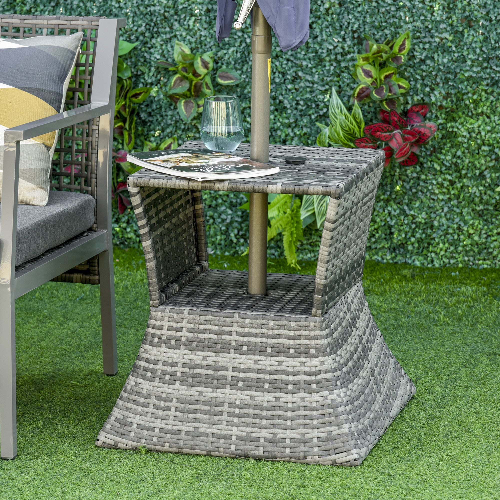 21.3" Rattan Wicker Side Table with Umbrella Hole & 2-Tier Storage for Patio, Mixed Grey - Image 3