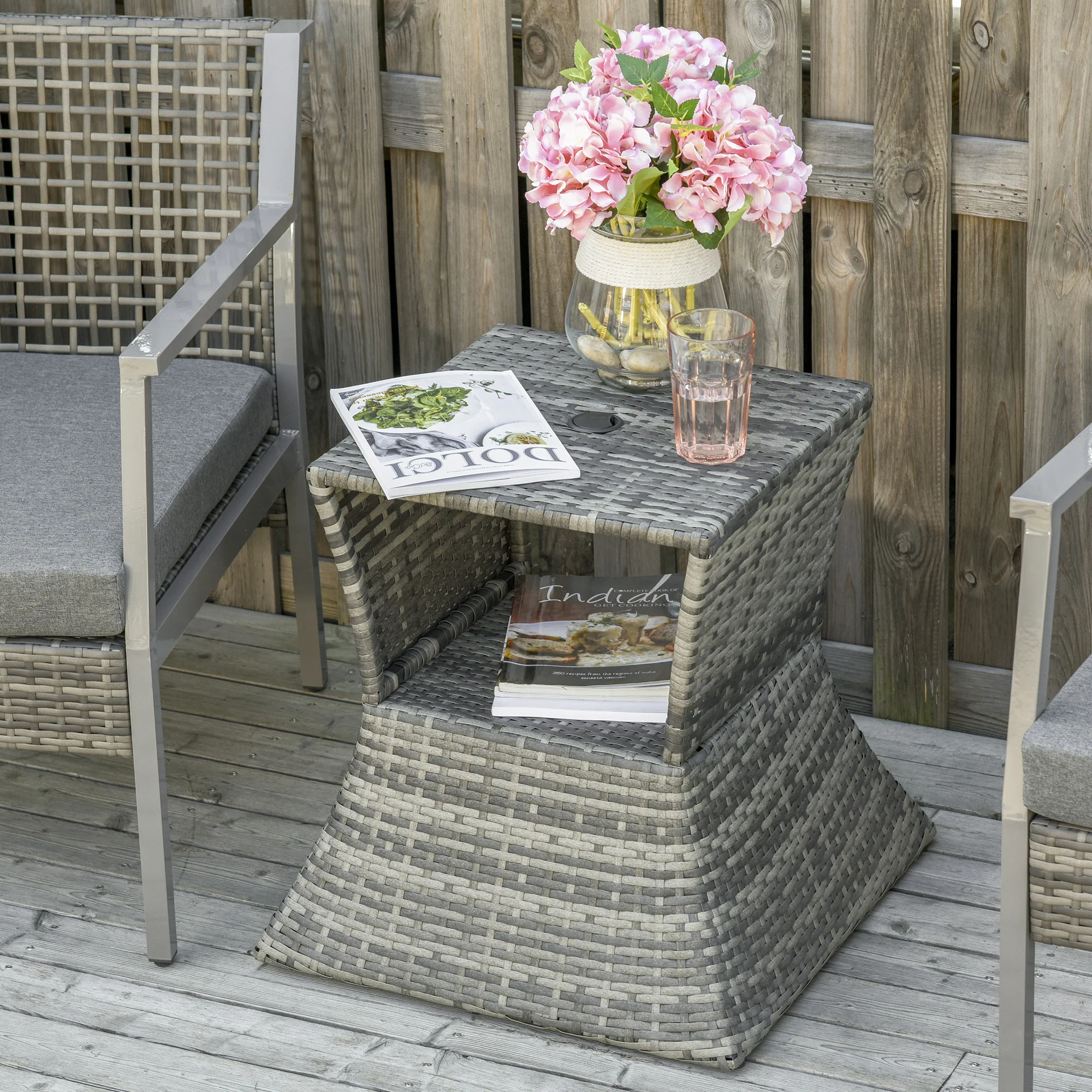 21.3" Rattan Wicker Side Table with Umbrella Hole & 2-Tier Storage for Patio, Mixed Grey - Image 4