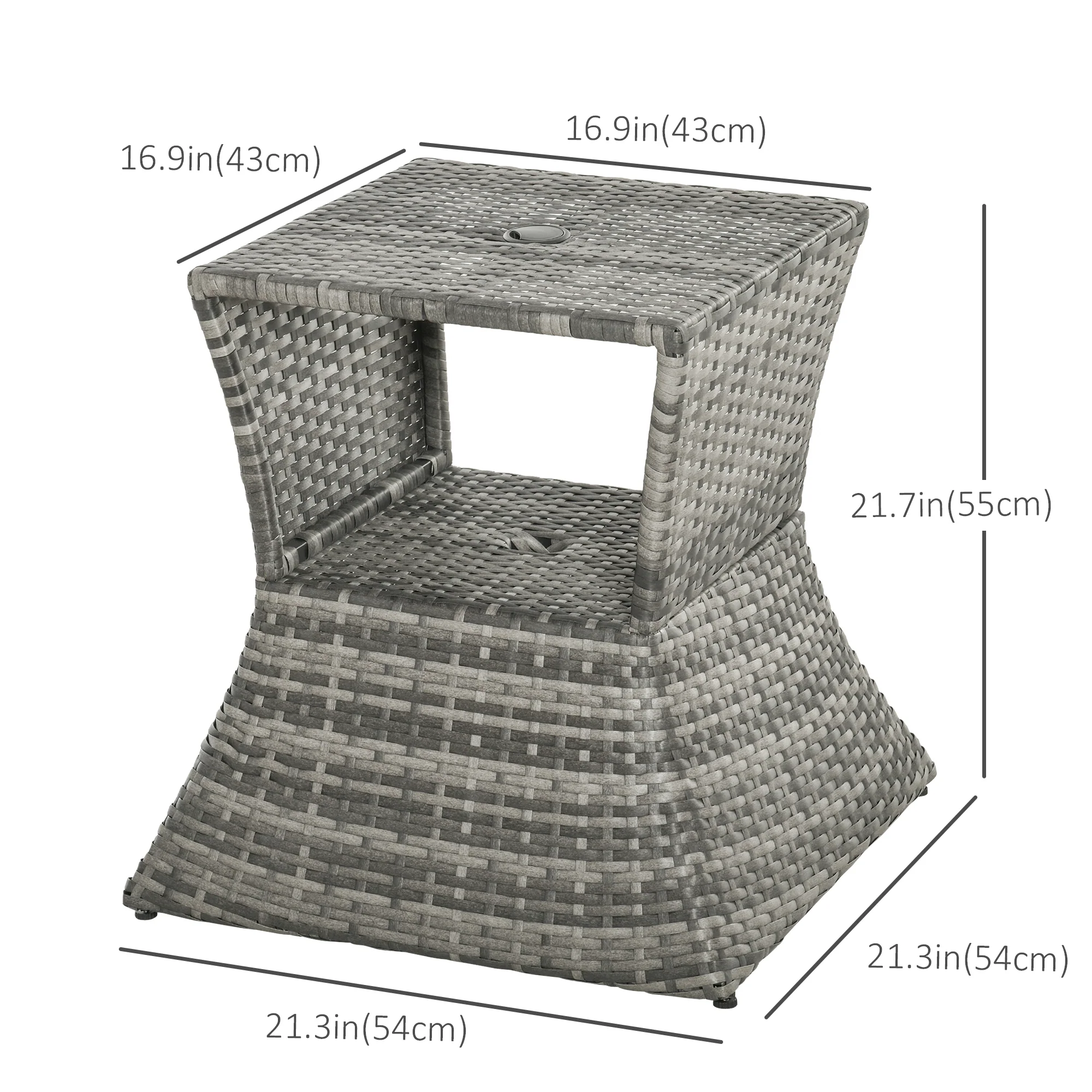 21.3" Rattan Wicker Side Table with Umbrella Hole & 2-Tier Storage for Patio, Mixed Grey - Image 5