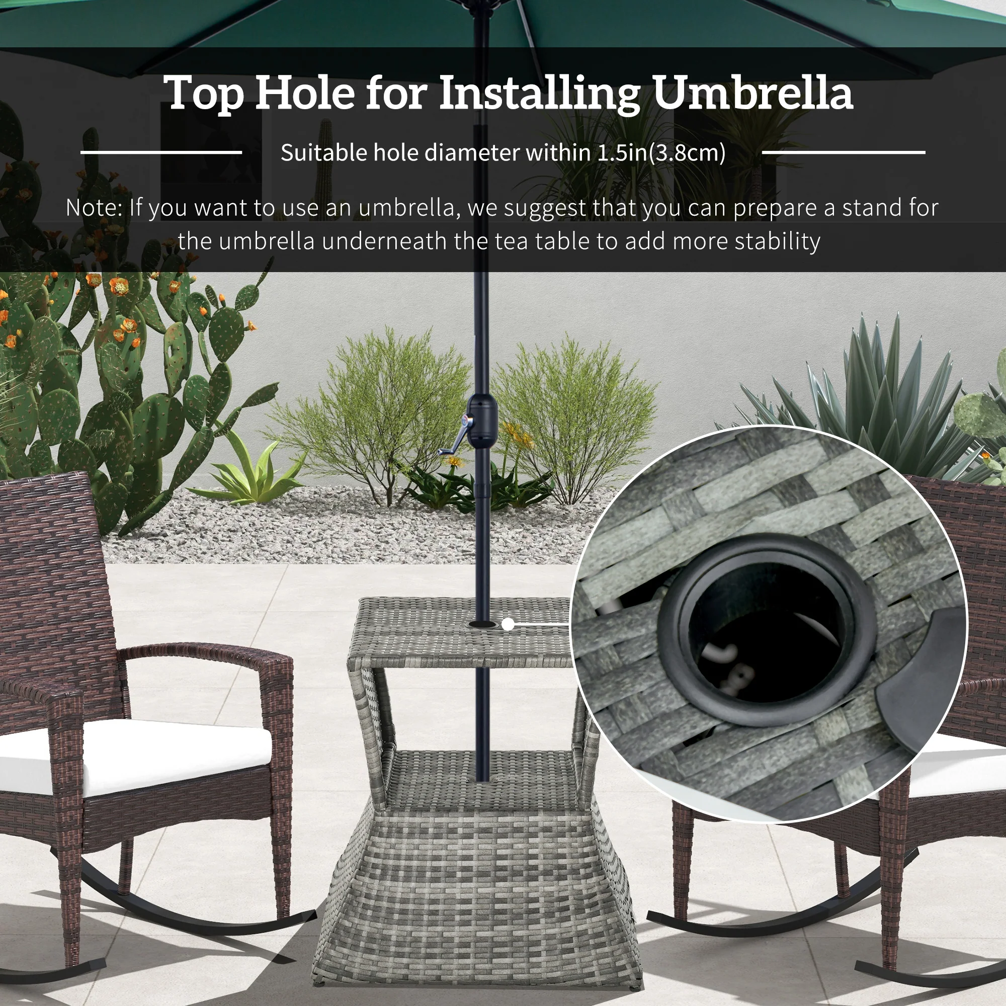 21.3" Rattan Wicker Side Table with Umbrella Hole & 2-Tier Storage for Patio, Mixed Grey - Image 7