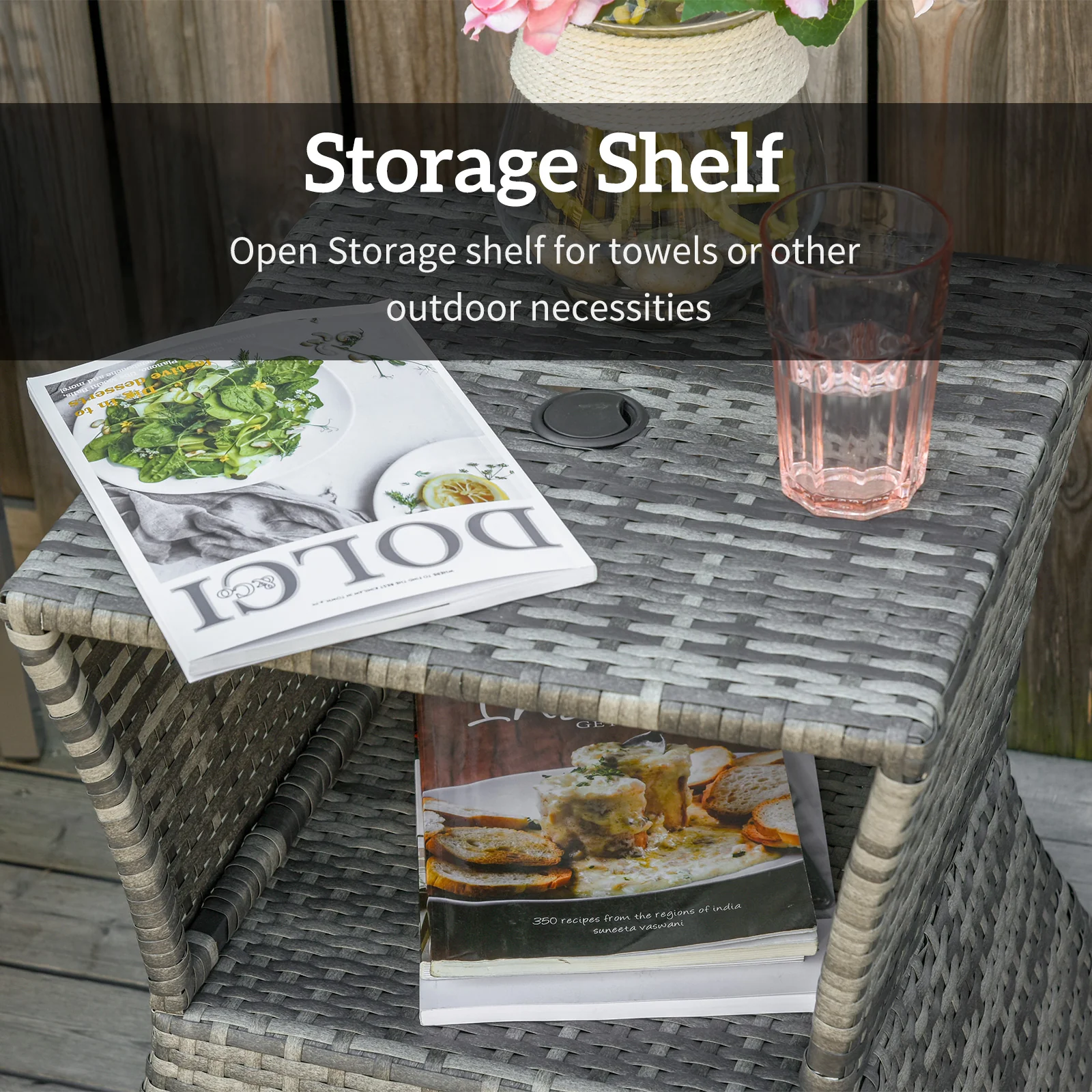 21.3" Rattan Wicker Side Table with Umbrella Hole & 2-Tier Storage for Patio, Mixed Grey - Image 9