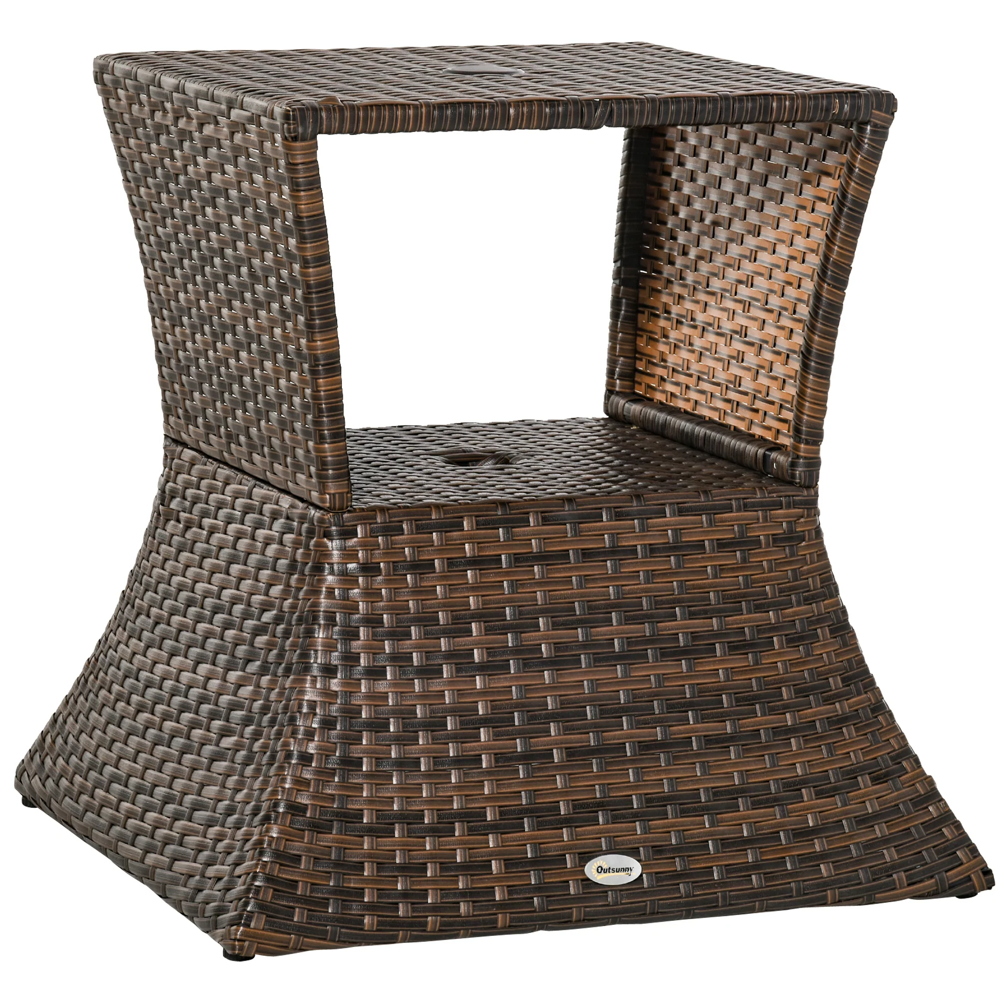 21.3" Square Rattan Wicker Side Table with Umbrella Hole & 2-Tier Storage, Mixed Brown - Image 2