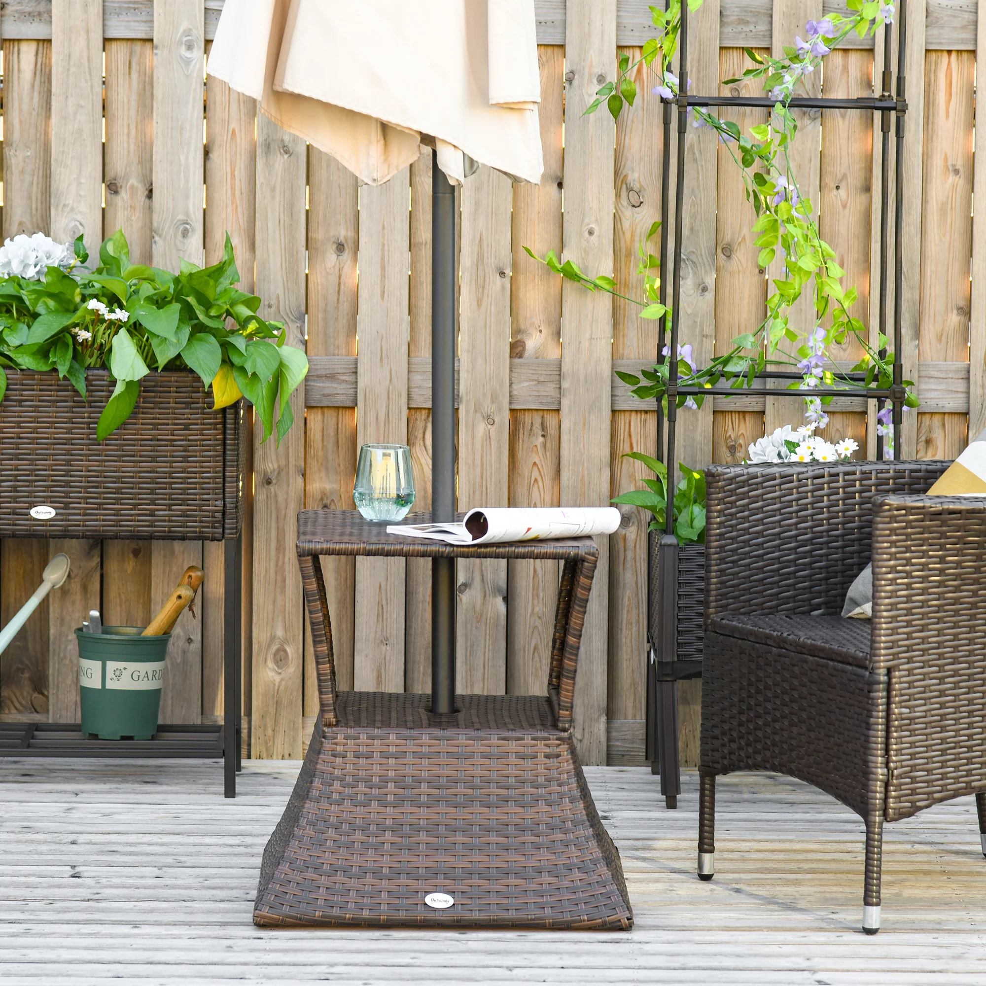 21.3" Square Rattan Wicker Side Table with Umbrella Hole & 2-Tier Storage, Mixed Brown - Image 9