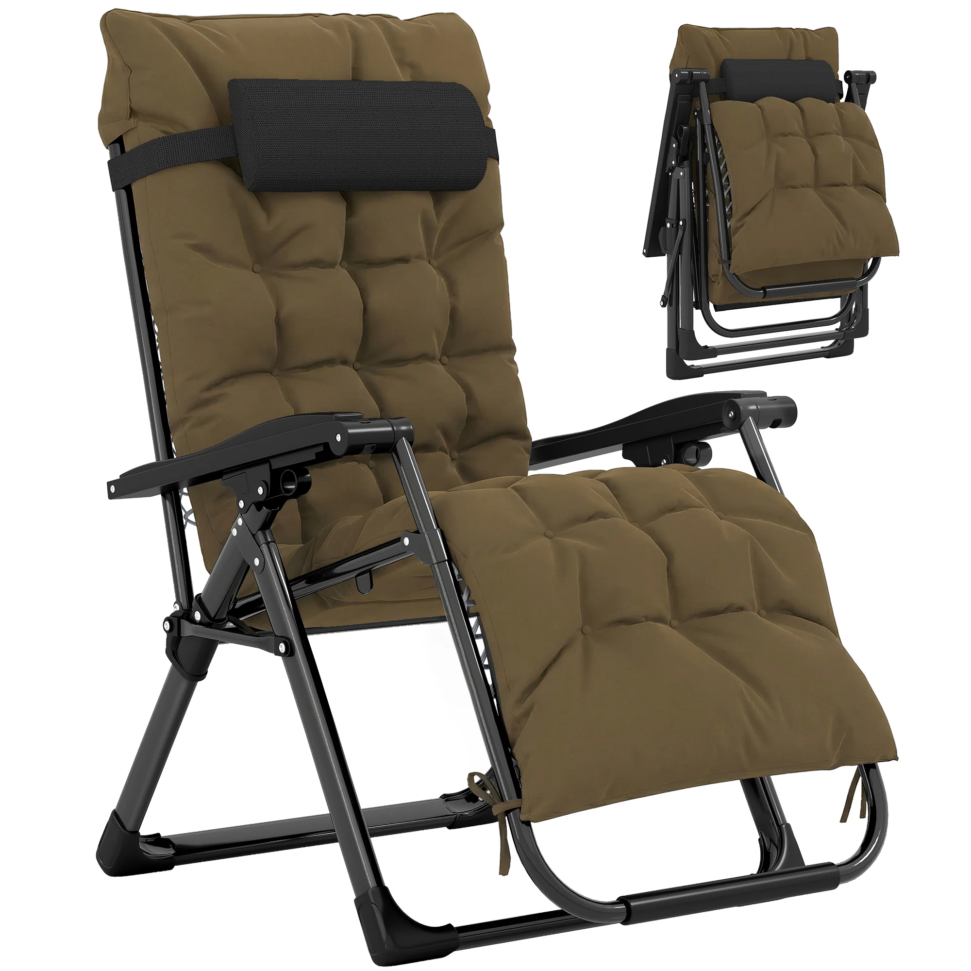 Reclining Zero Gravity Chair with Cushion and Headrest, Khaki - Image 12
