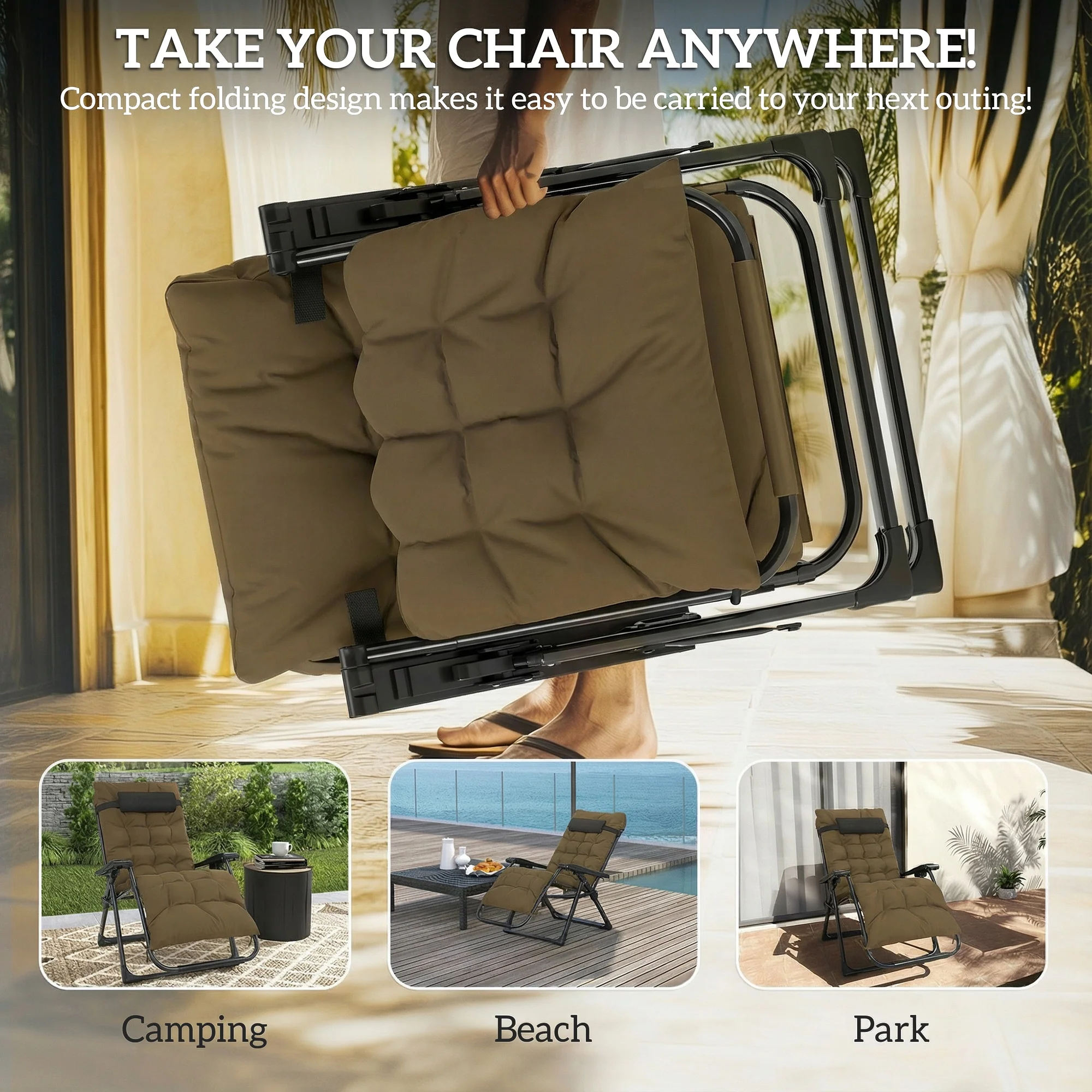 Reclining Zero Gravity Chair with Cushion and Headrest, Khaki - Image 7