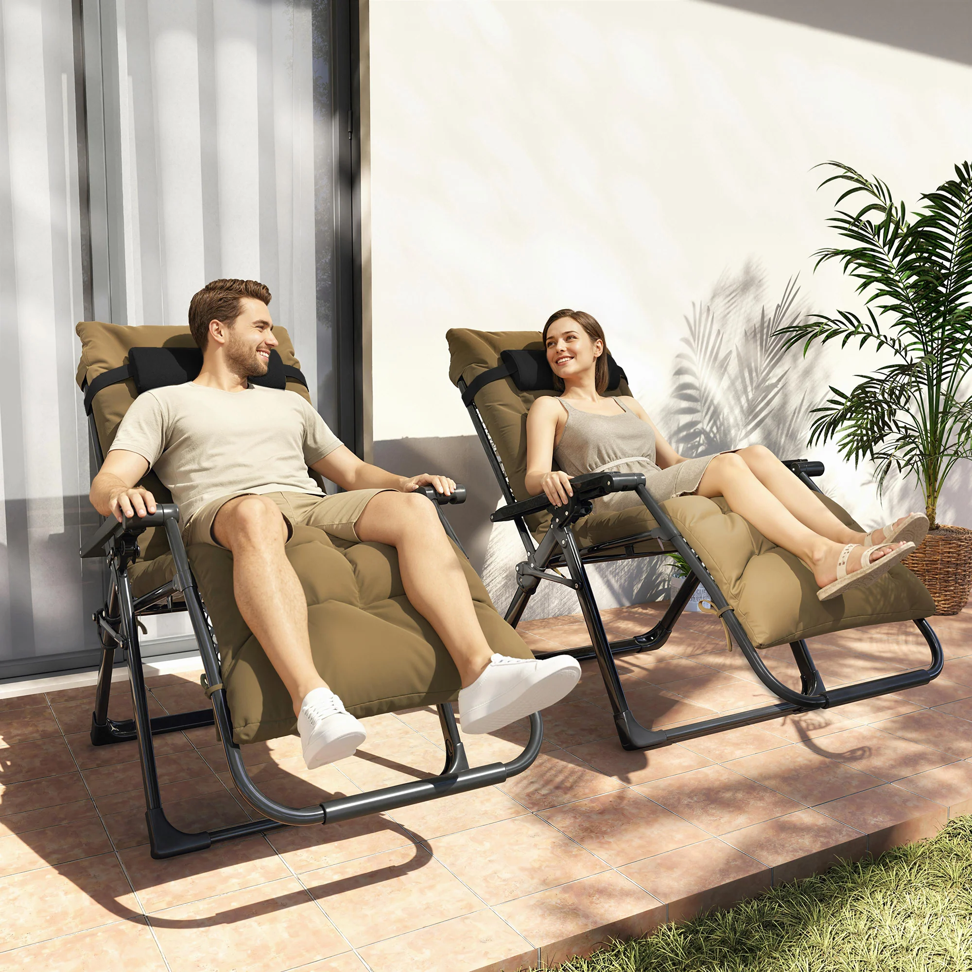 Set of 2 Reclining Zero Gravity Chairs with Cushion, Khaki - Image 11