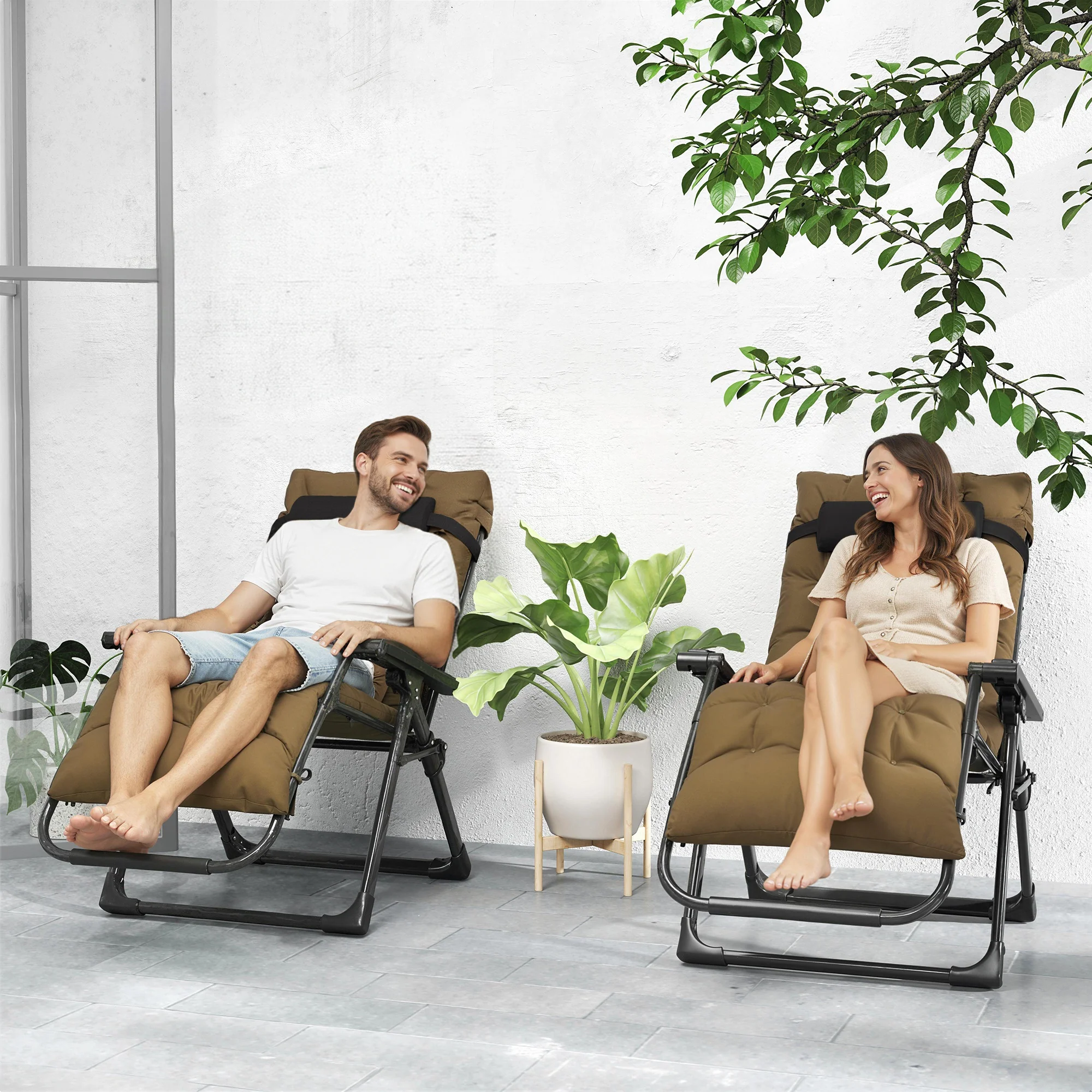 Set of 2 Reclining Zero Gravity Chairs with Cushion, Khaki - Image 4