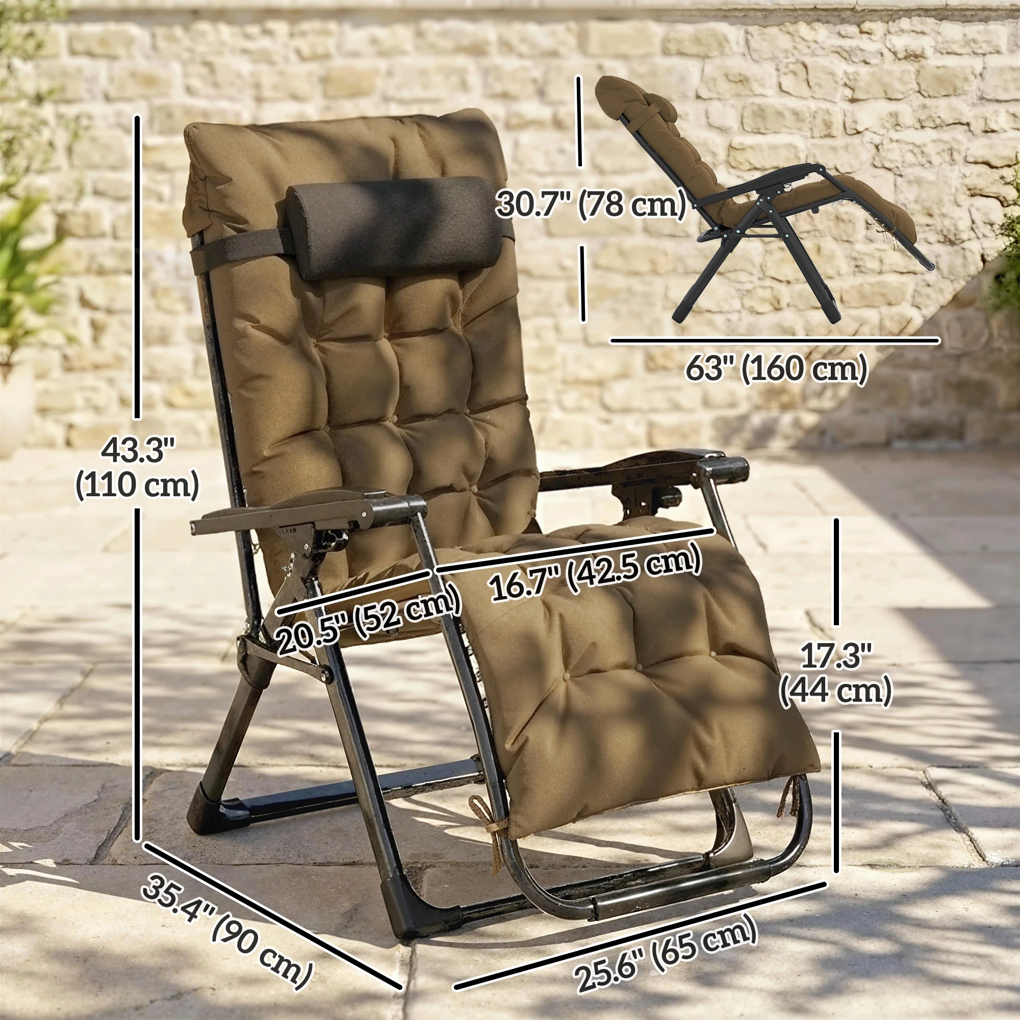 Set of 2 Reclining Zero Gravity Chairs with Cushion, Khaki - Image 5
