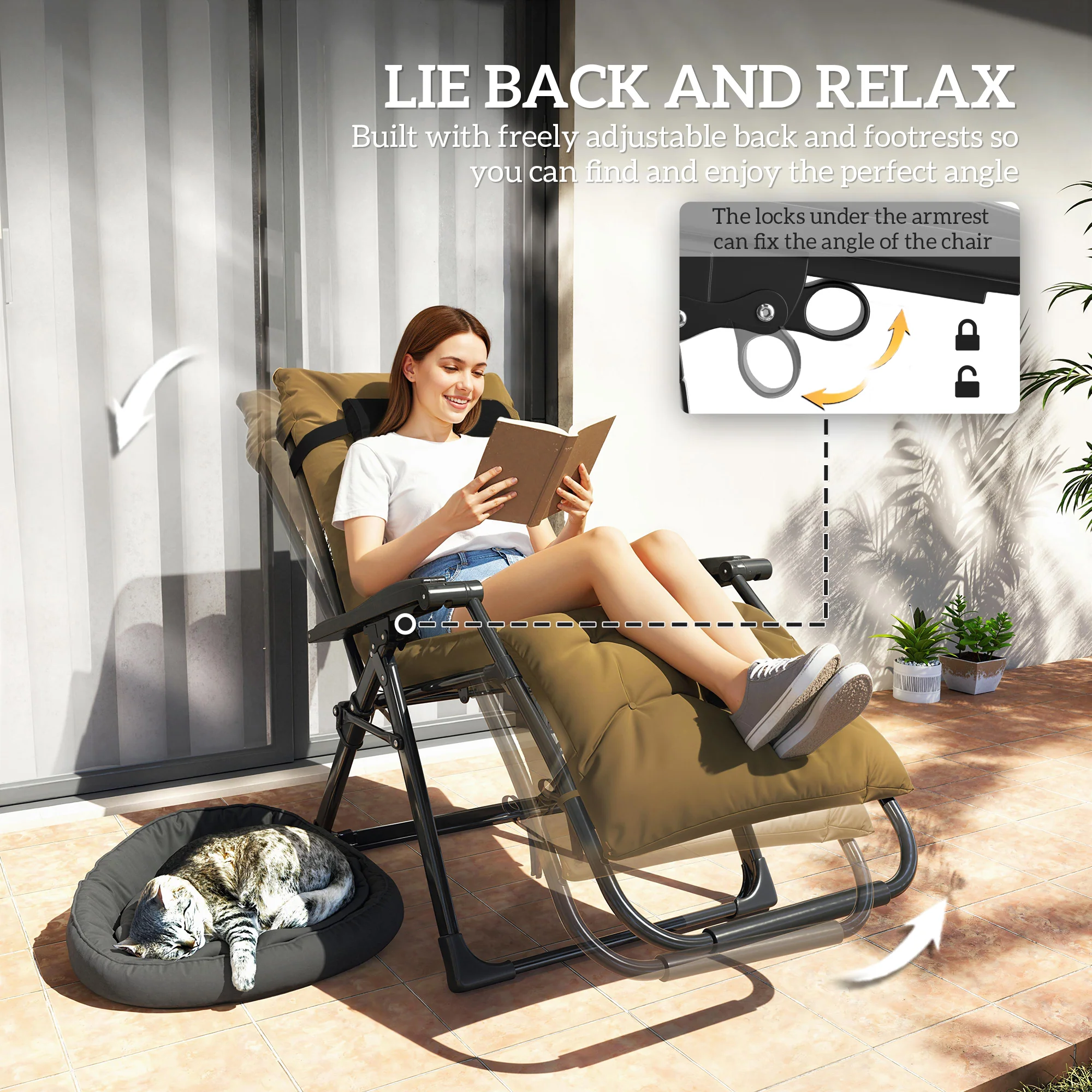 Set of 2 Reclining Zero Gravity Chairs with Cushion, Khaki - Image 6