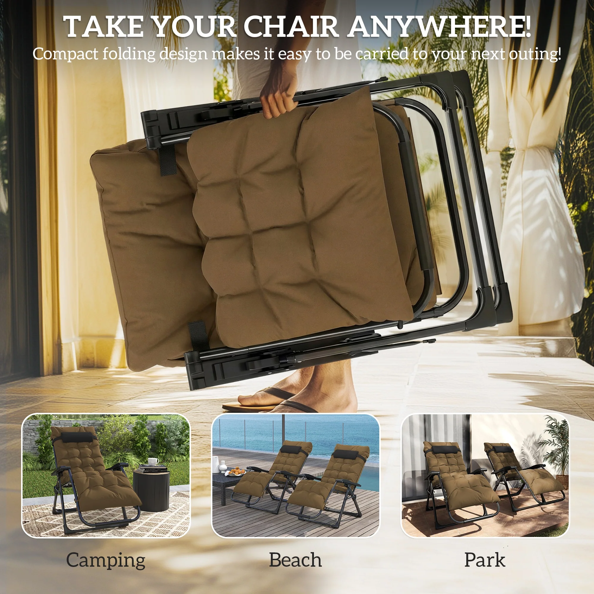 Set of 2 Reclining Zero Gravity Chairs with Cushion, Khaki - Image 7