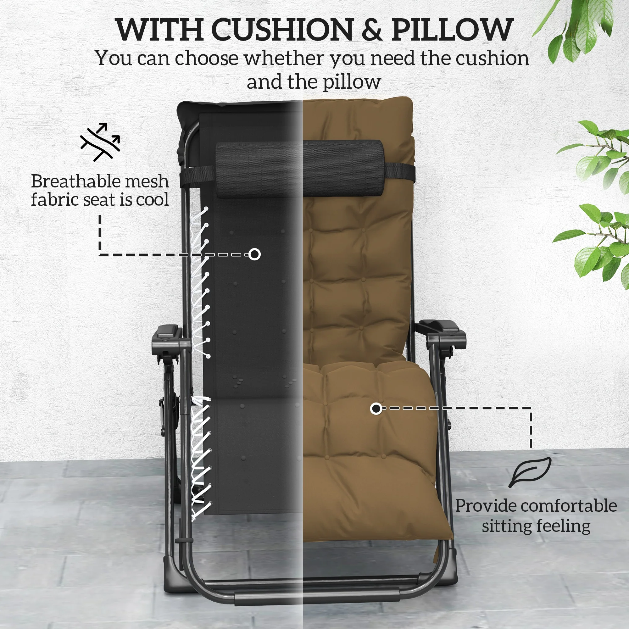 Set of 2 Reclining Zero Gravity Chairs with Cushion, Khaki - Image 8