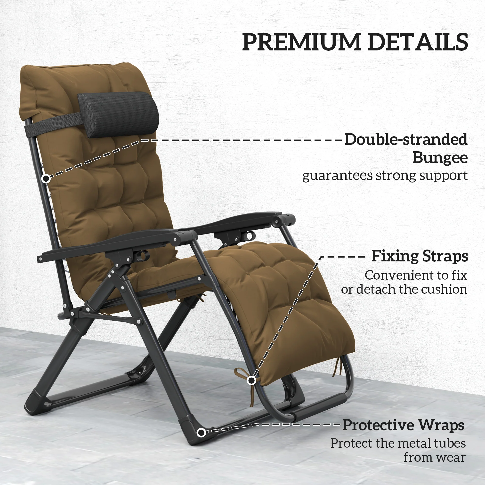 Set of 2 Reclining Zero Gravity Chairs with Cushion, Khaki - Image 9