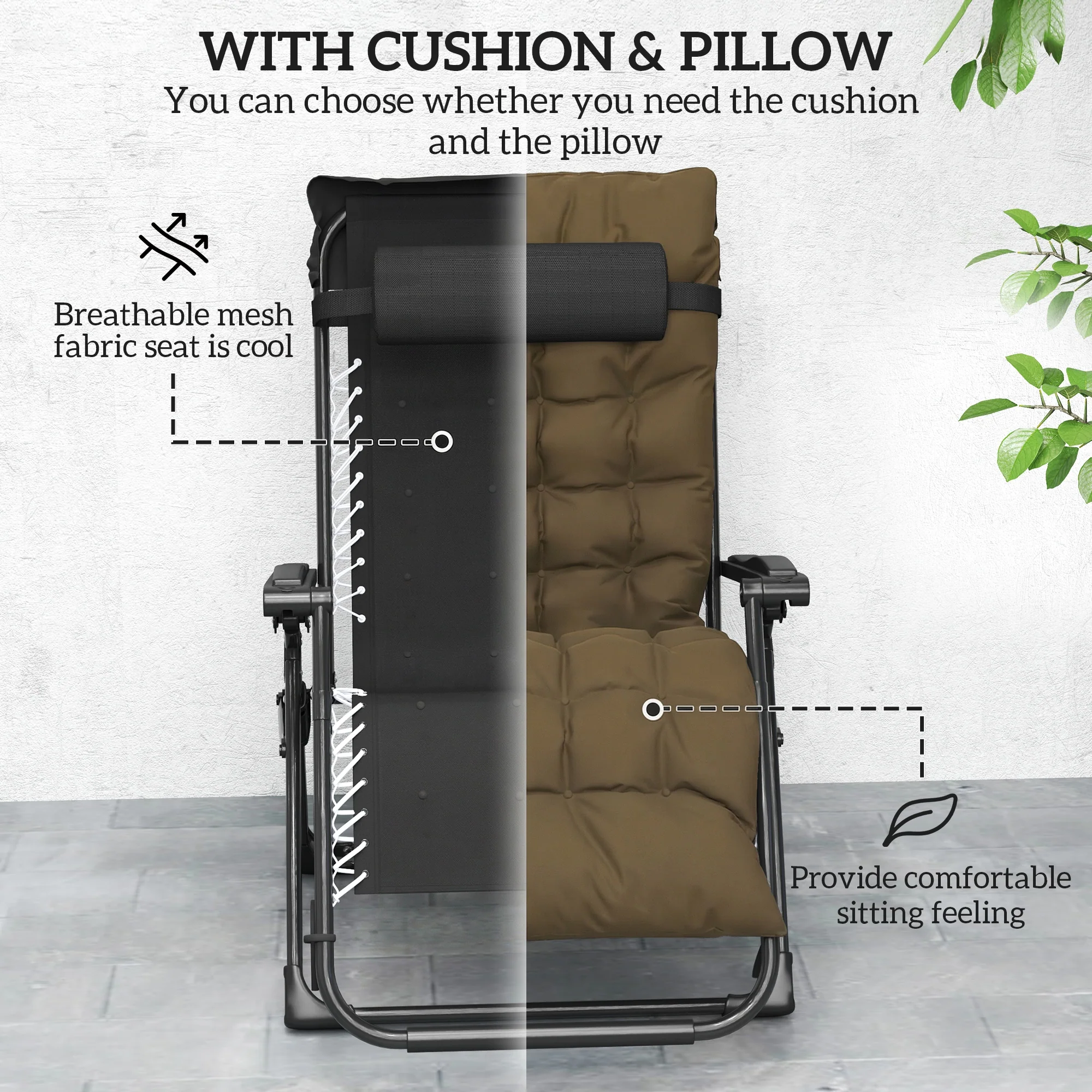 Reclining Zero Gravity Chair with Cushion and Headrest, Khaki - Image 8