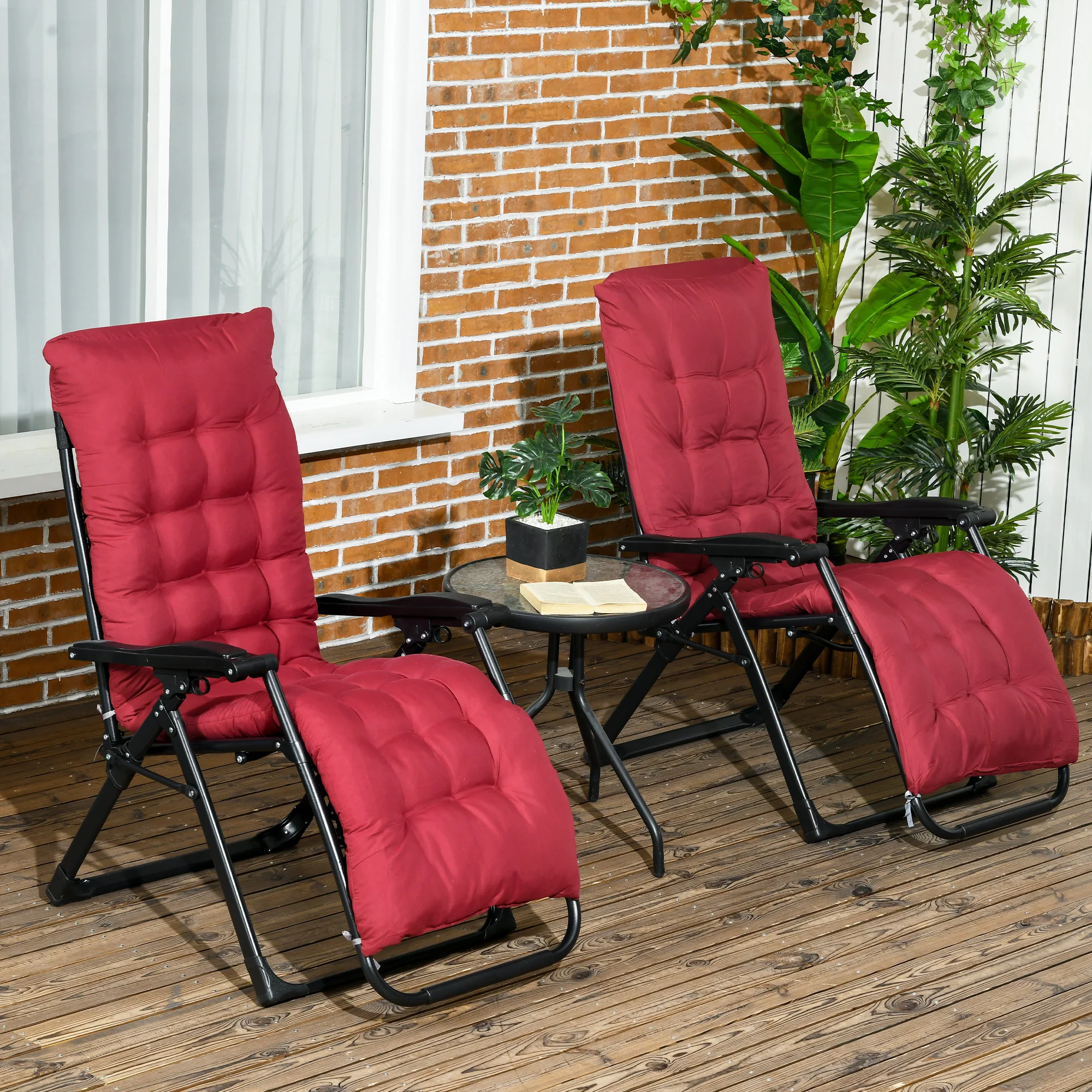 Reclining Zero Gravity Chair Set of 2, Folding Garden Chairs Set w/ Cushion, Wine Red - Image 3
