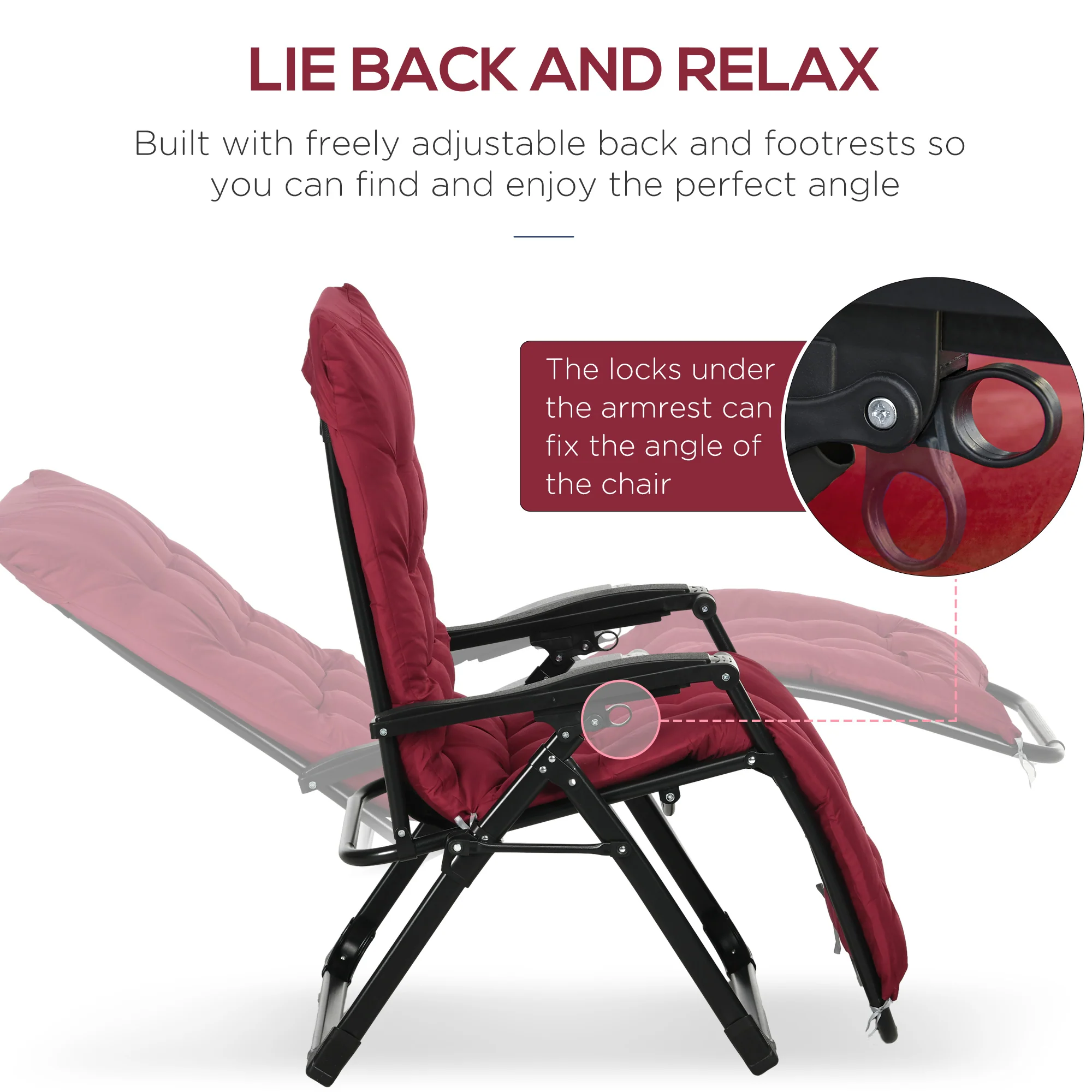 Reclining Zero Gravity Chair Set of 2, Folding Garden Chairs Set w/ Cushion, Wine Red - Image 6