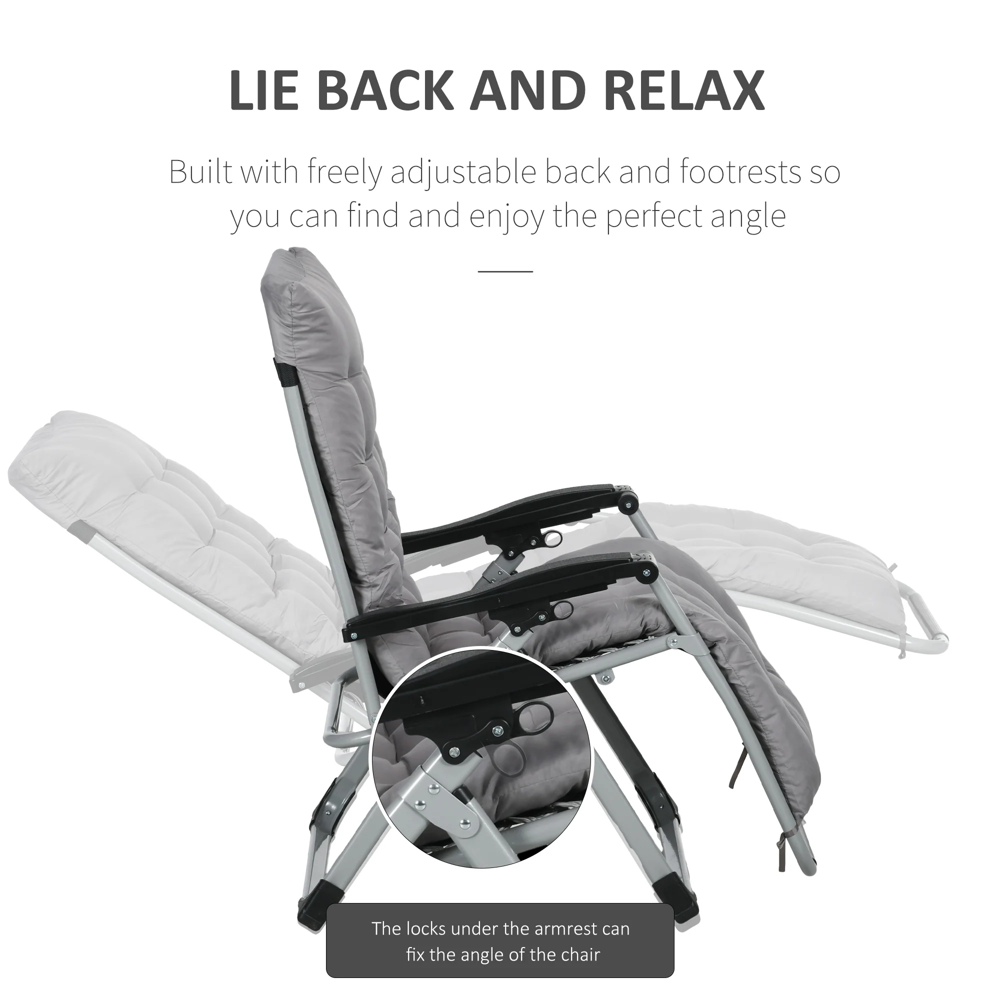 Reclining Zero Gravity Chair Set of 2, Folding Garden Chairs Set w/ Cushion, Dark Grey - Image 6