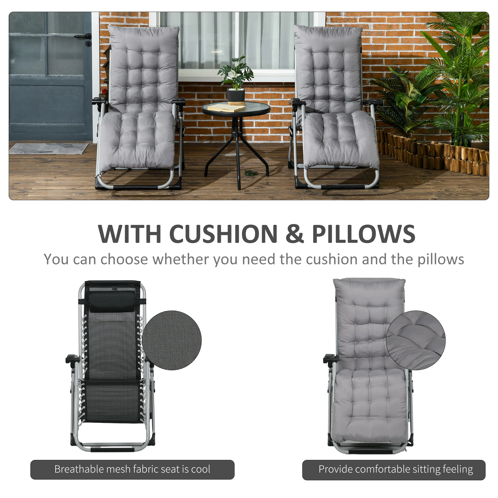 Reclining Zero Gravity Chair Set of 2, Folding Garden Chairs Set w/ Cushion, Dark Grey - Image 8