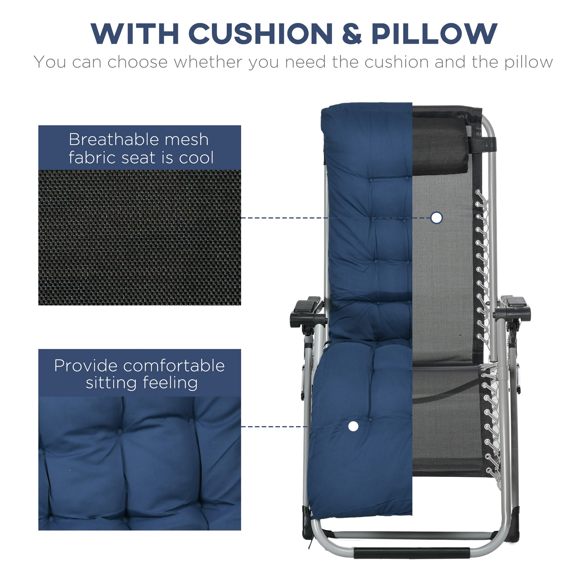 Reclining Zero Gravity Chair Set of 2, Folding Garden Chairs Set w/ Cushion, Dark Blue - Image 8