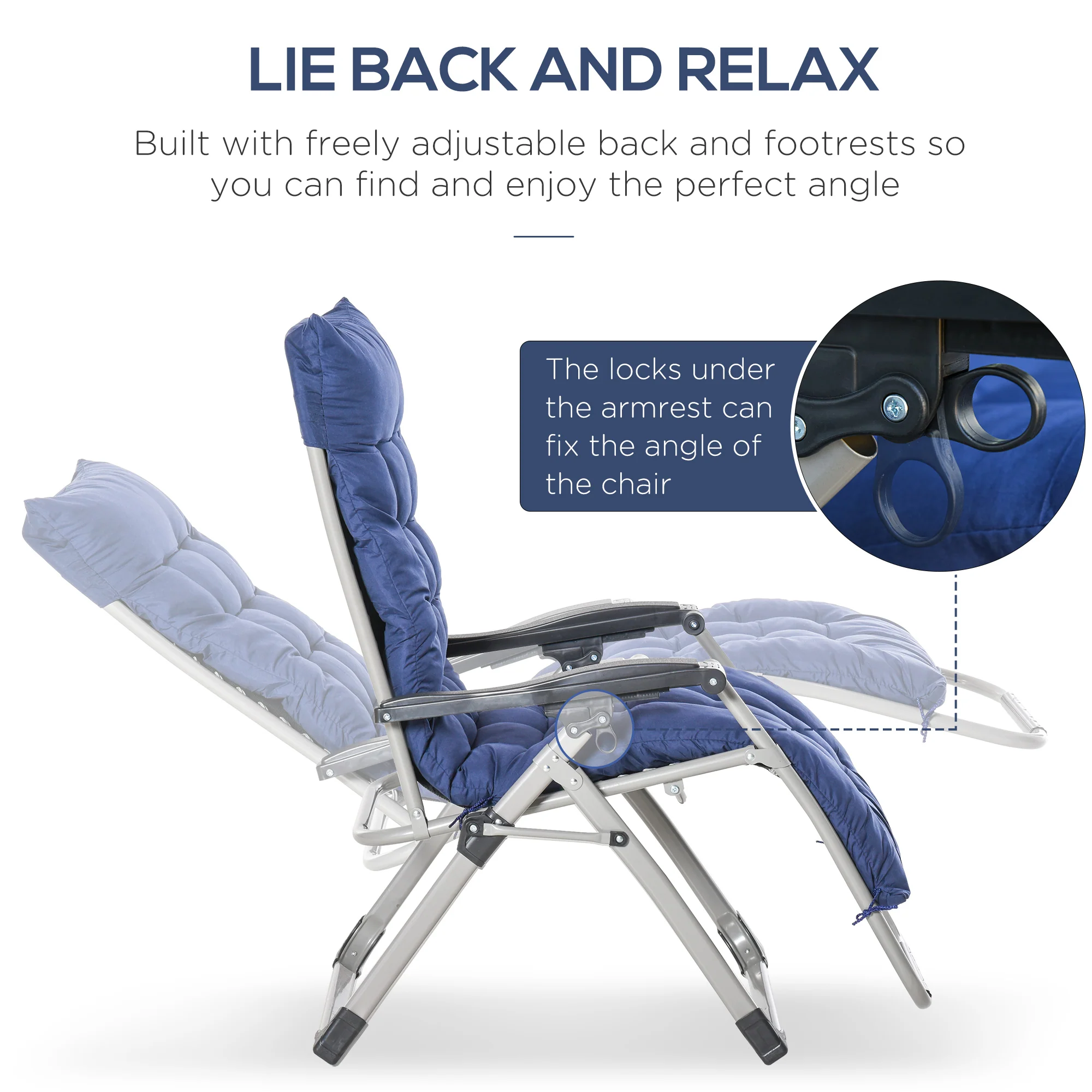 Reclining Zero Gravity Chair w/ Adjustable Backrest, Folding Garden Sun Lounger, Dark Blue - Image 6