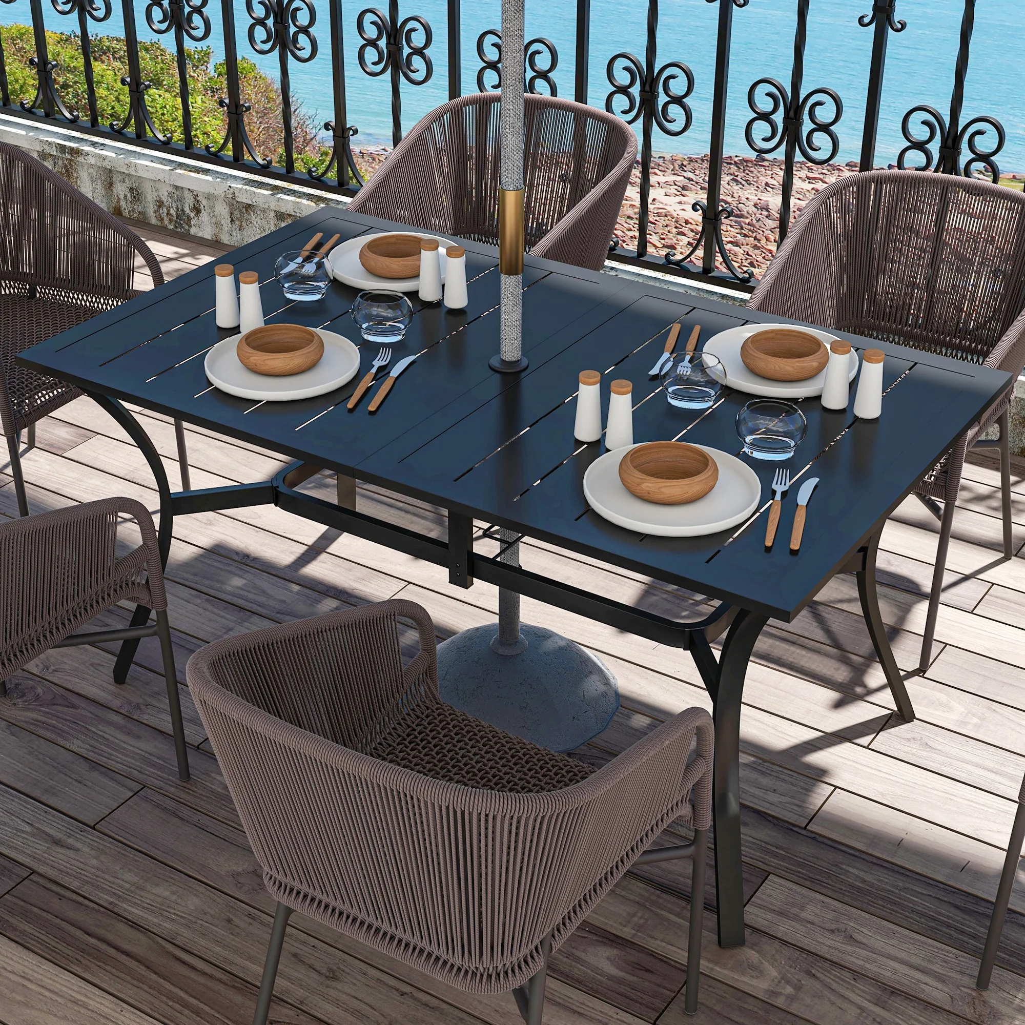 Rectangle Garden Table with Parasol Hole, Outdoor Dining Table for 6, Patio Table with Steel Frame and Slat Tabletop for Balcony, 150cm x 90cm, Black - Image 10
