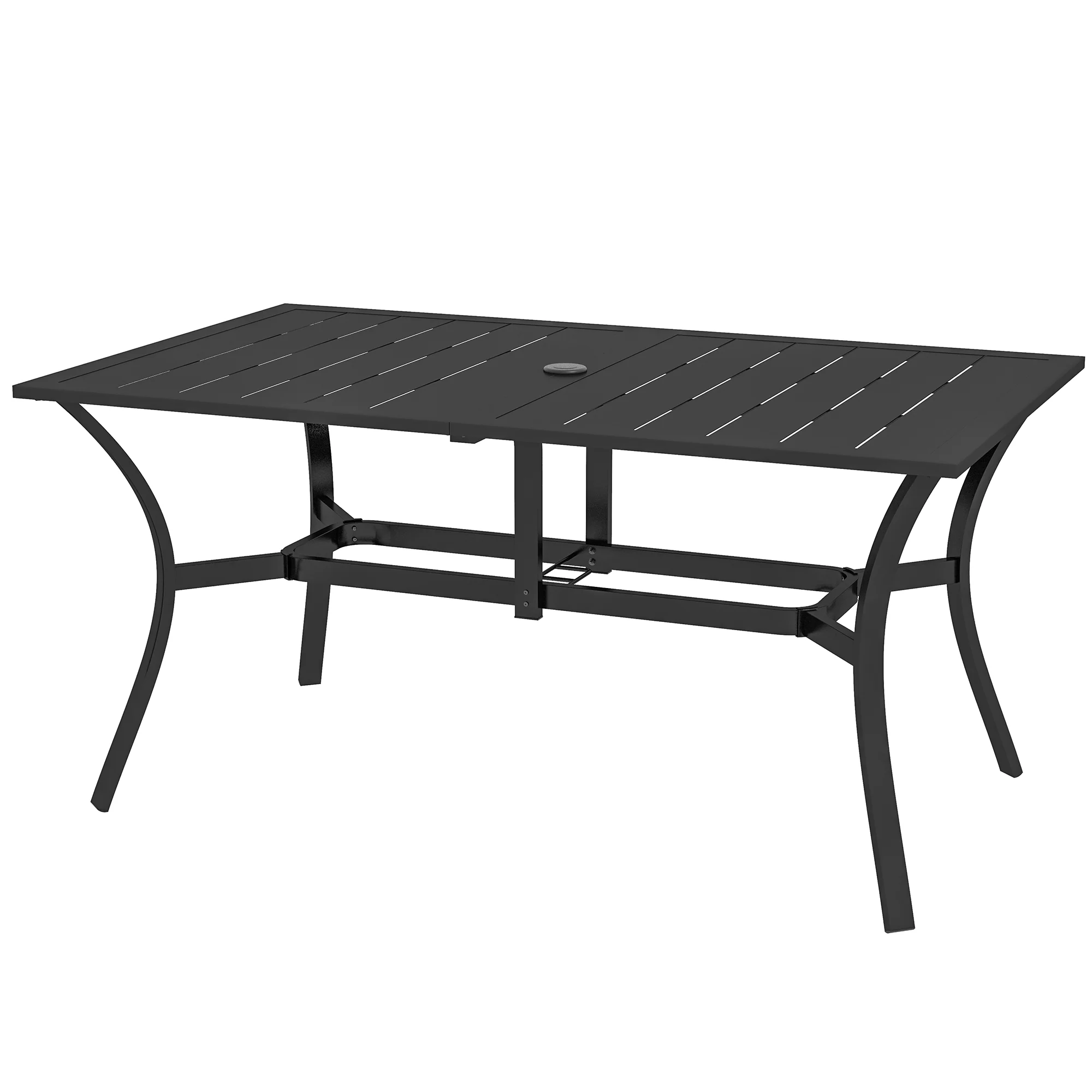 Rectangle Garden Table with Parasol Hole, Outdoor Dining Table for 6, Patio Table with Steel Frame and Slat Tabletop for Balcony, 150cm x 90cm, Black - Image 2