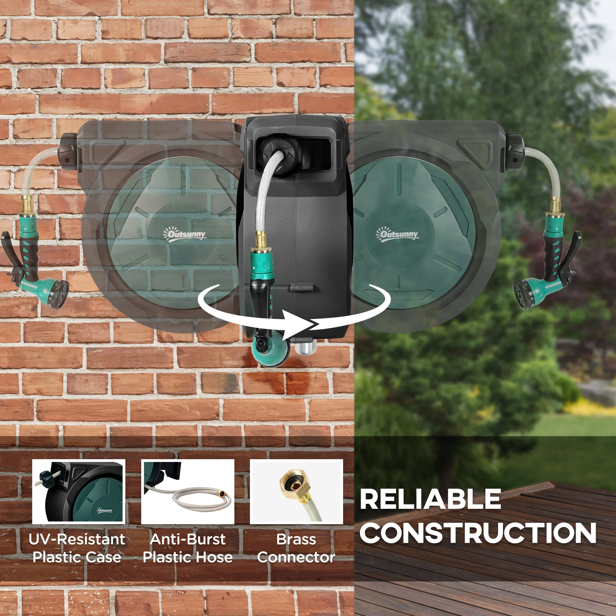 100ft Retractable Garden Hose Reel with 7 Function Sprayer Nozzle & Any Length Lock, Black - Image 7