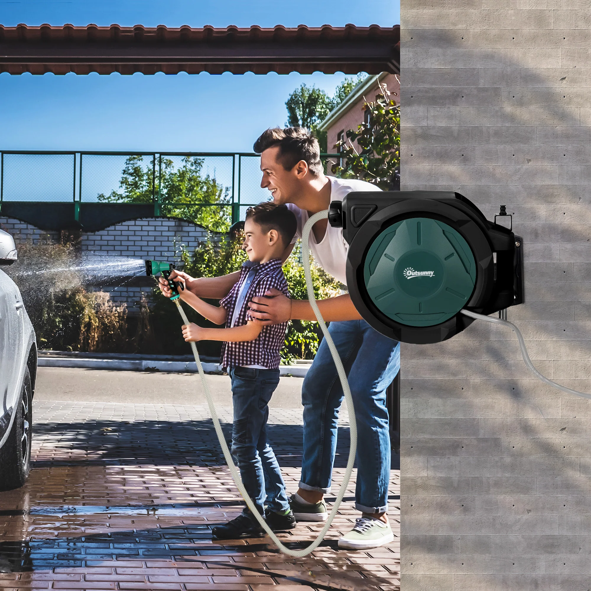 65ft Retractable Garden Hose Reel with 7 Function Sprayer Nozzle & Any Length Lock, Blue - Image 4