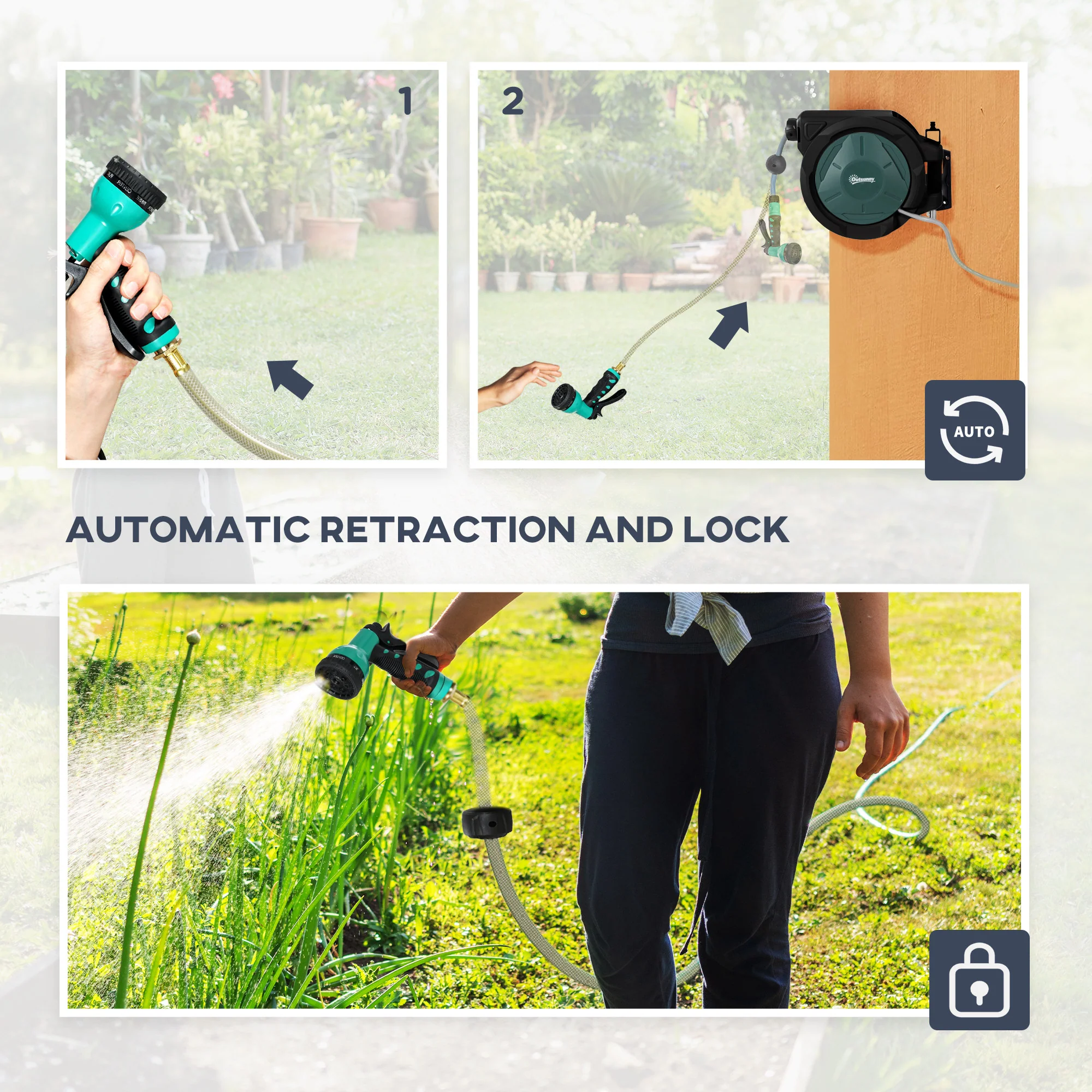 65ft Retractable Garden Hose Reel with 7 Function Sprayer Nozzle & Any Length Lock, Blue - Image 8