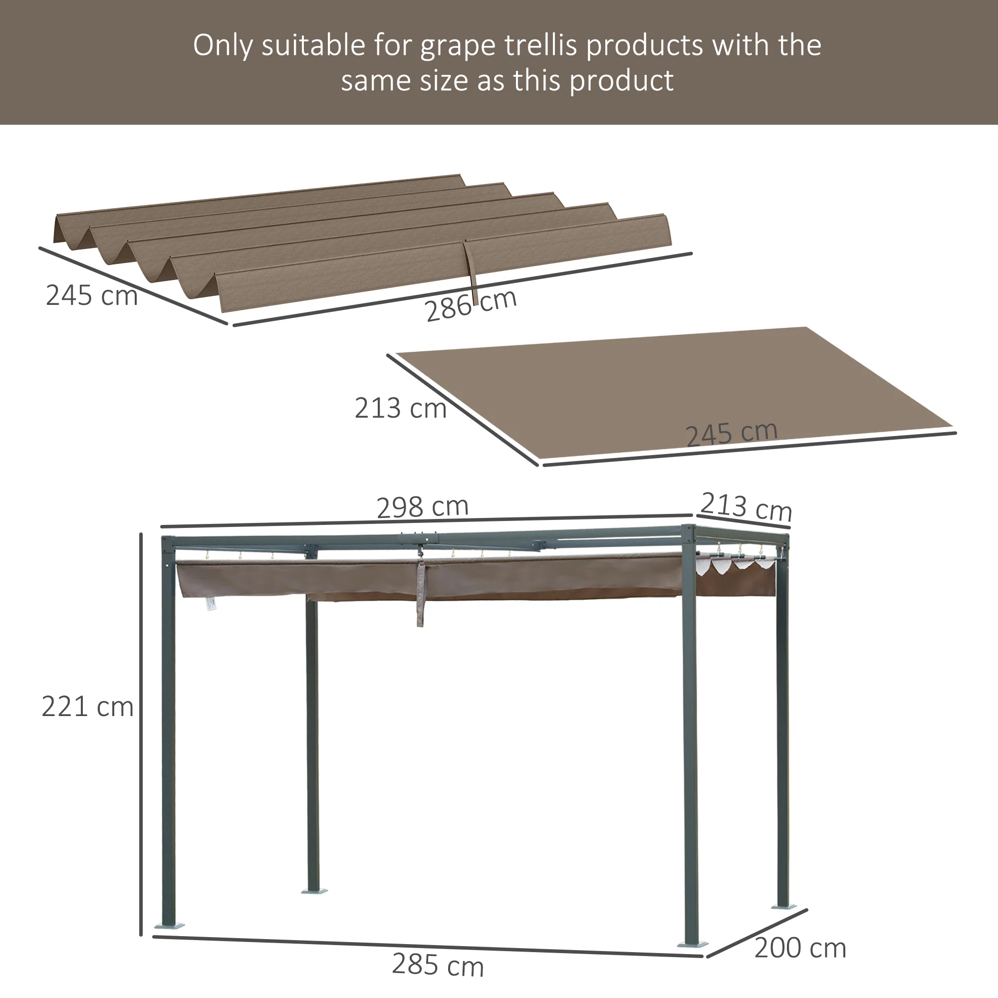 Retractable Pergola Replacement Cover, UV30+ Protected Fabric for 2.85 x 2m Pergola, Coffee - Image 5