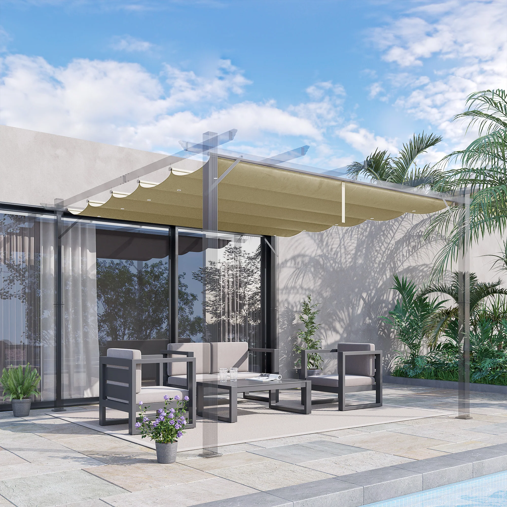 Retractable Pergola Shade Cover, Replacement Canopy Fabric for 3 x 3m Pergola, Beige - Image 3