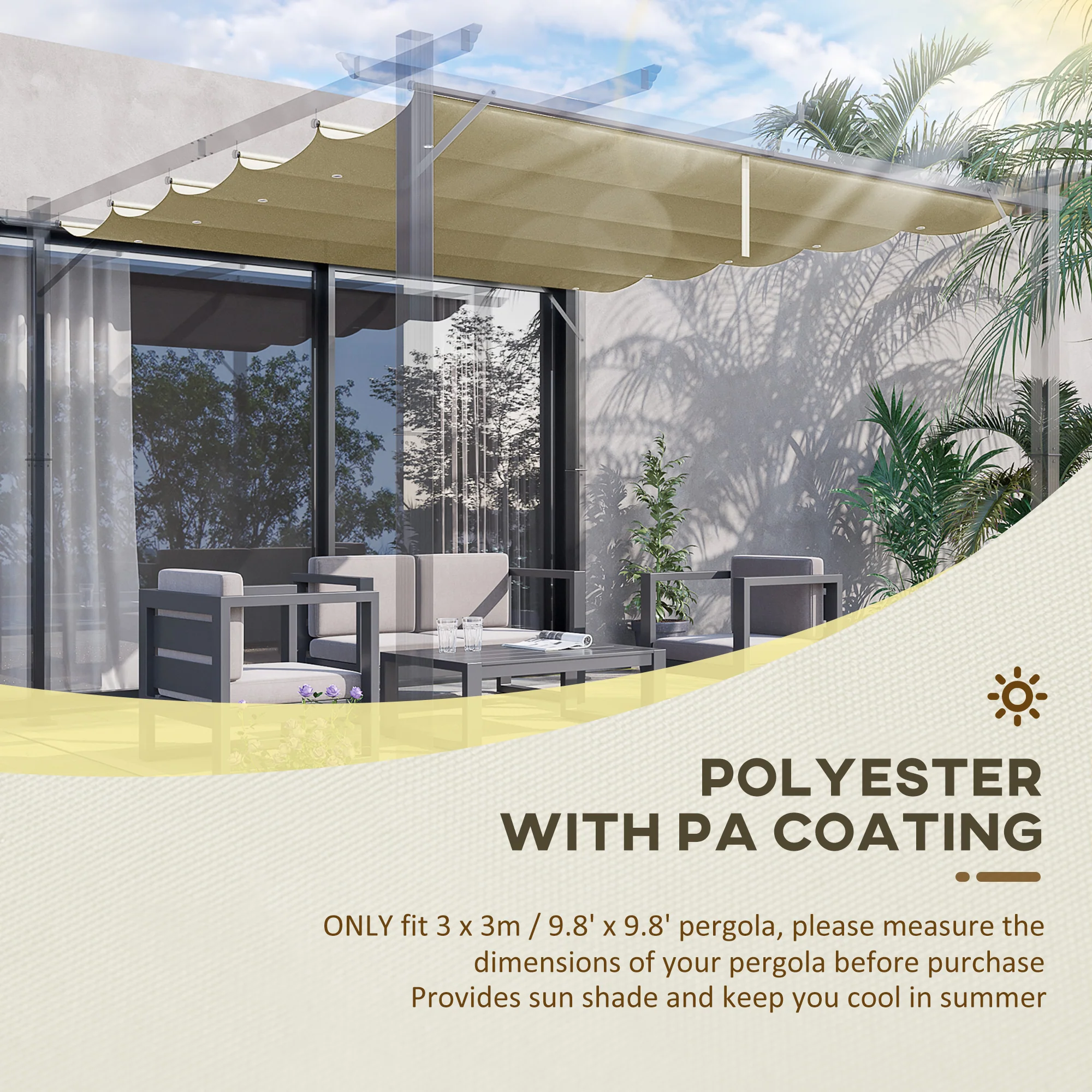 Retractable Pergola Shade Cover, Replacement Canopy Fabric for 3 x 3m Pergola, Beige - Image 6