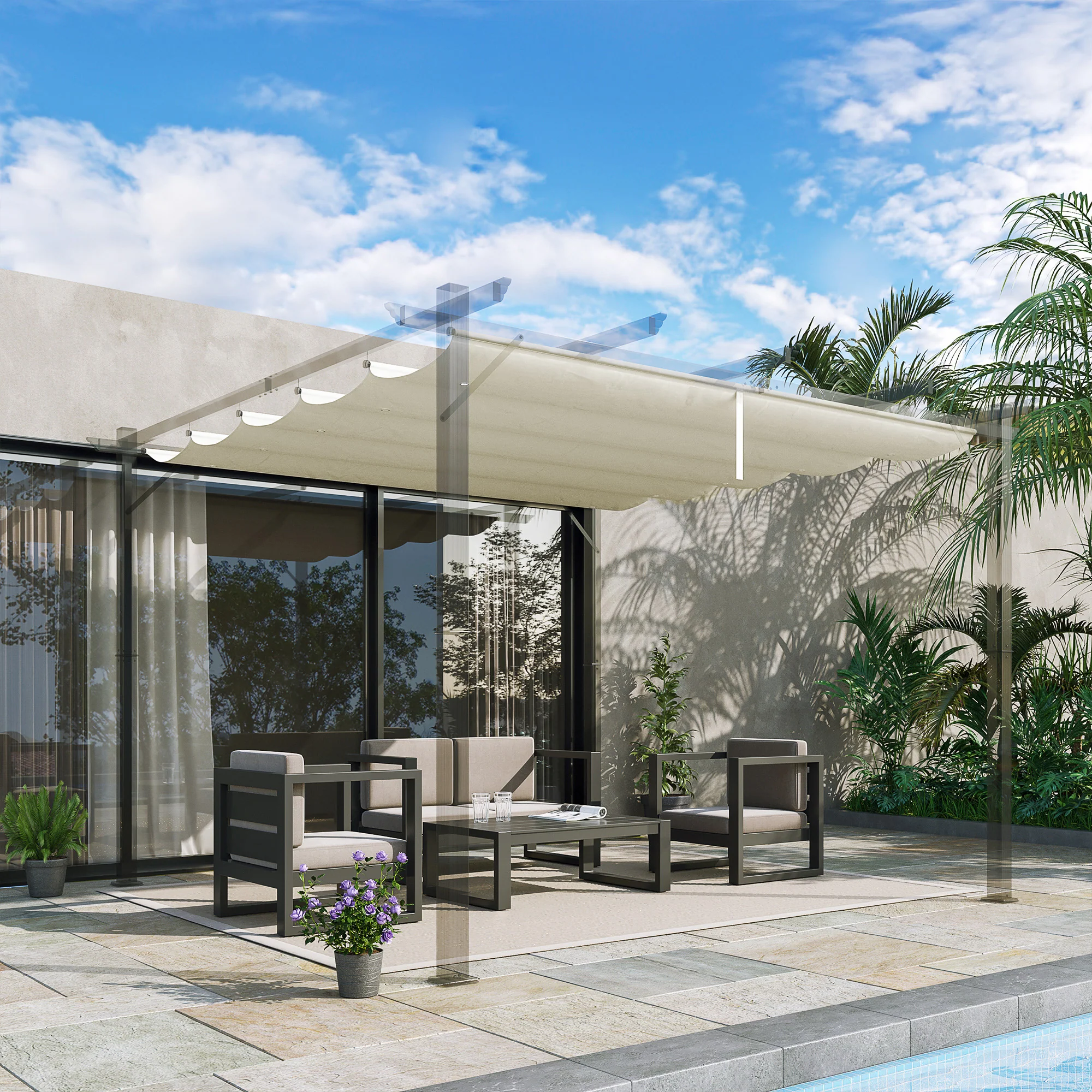 Retractable Pergola Shade Cover, Replacement Canopy Fabric for 3 x 3m Pergola, Cream White - Image 4