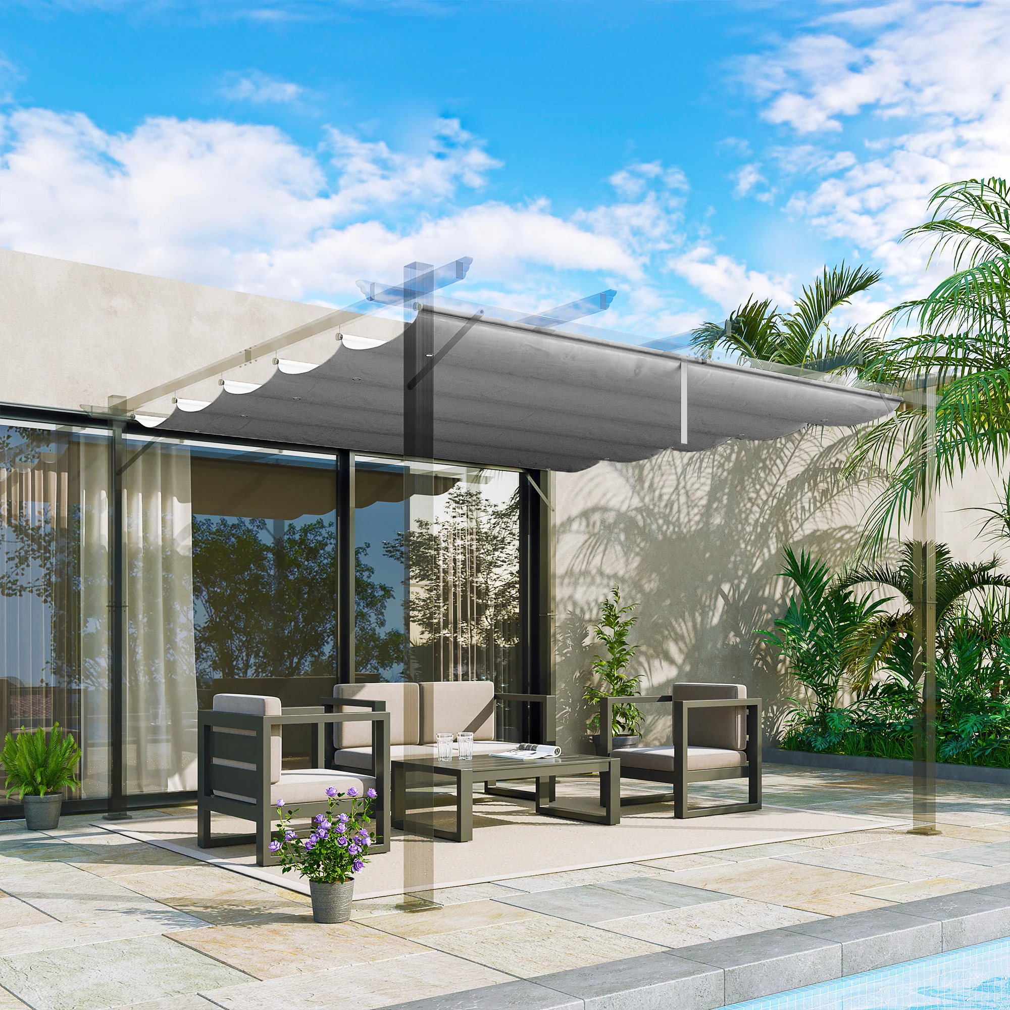 Retractable Pergola Shade Cover, Replacement Canopy Fabric for 3 x 3m Pergola, Light Grey - Image 4