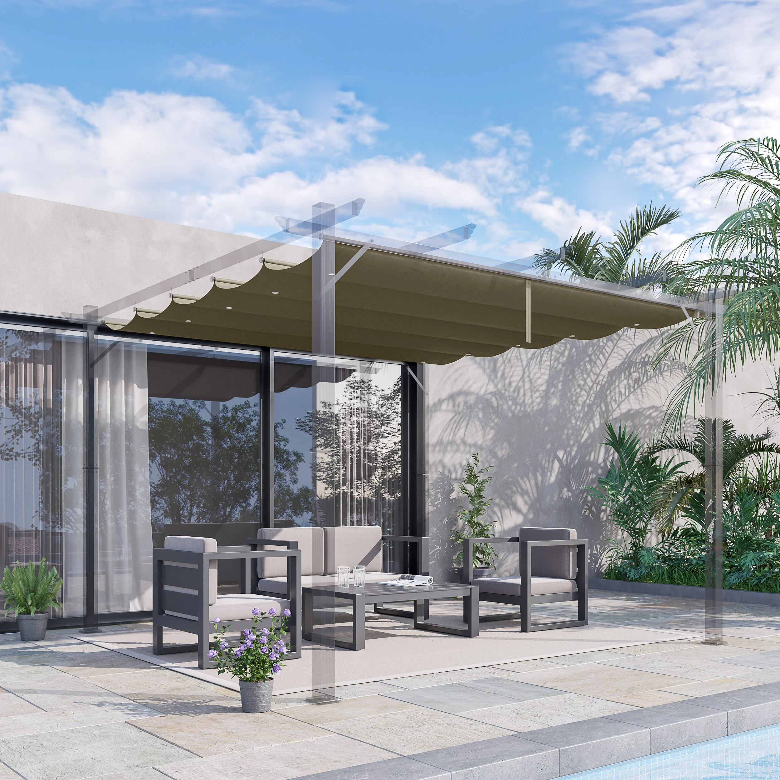 Retractable Pergola Shade Cover, Replacement Canopy Fabric for 3 x 3m Pergola, Tan - Image 3