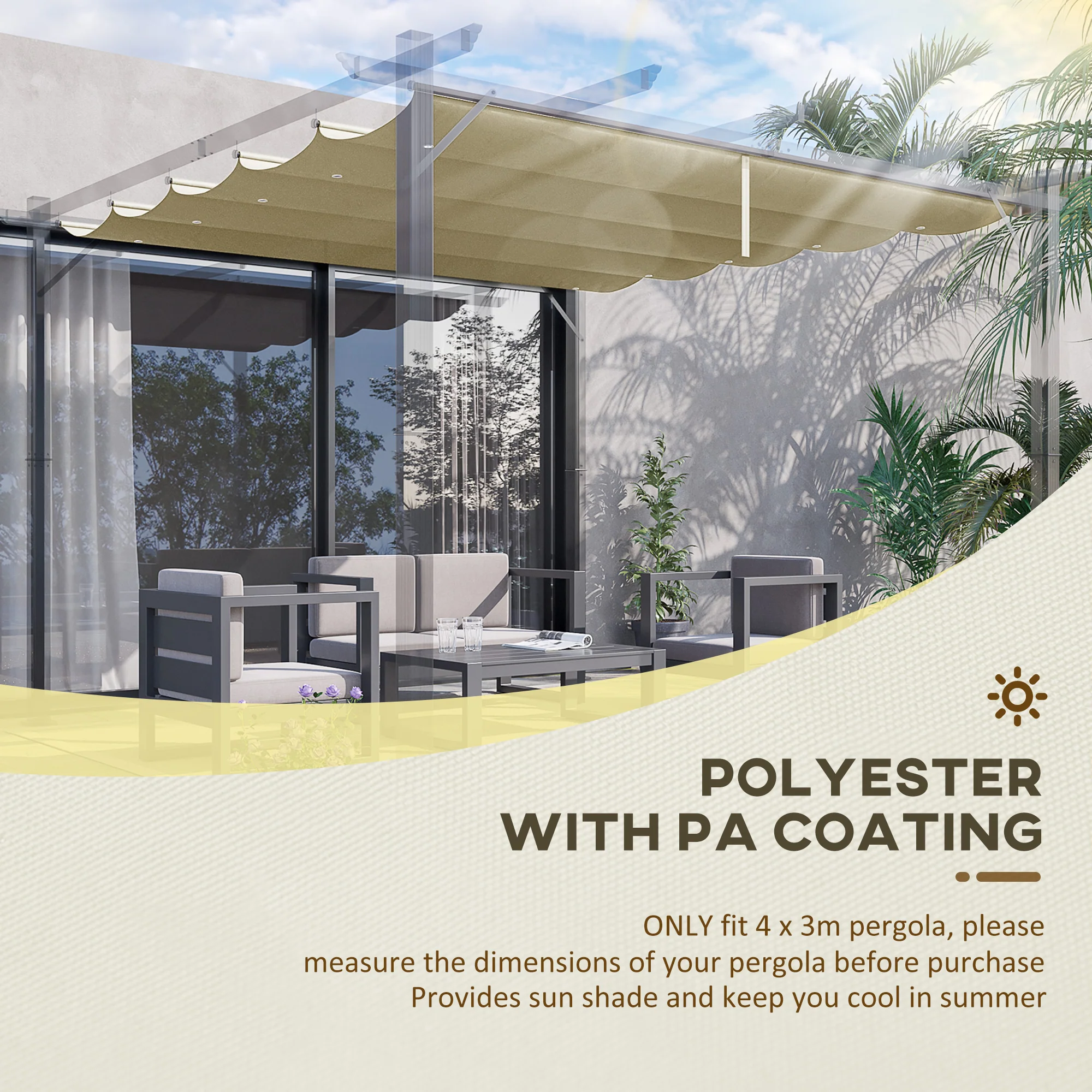 Retractable Pergola Shade Cover, Replacement Canopy Fabric for 4 x 3m Pergola, Beige - Image 6