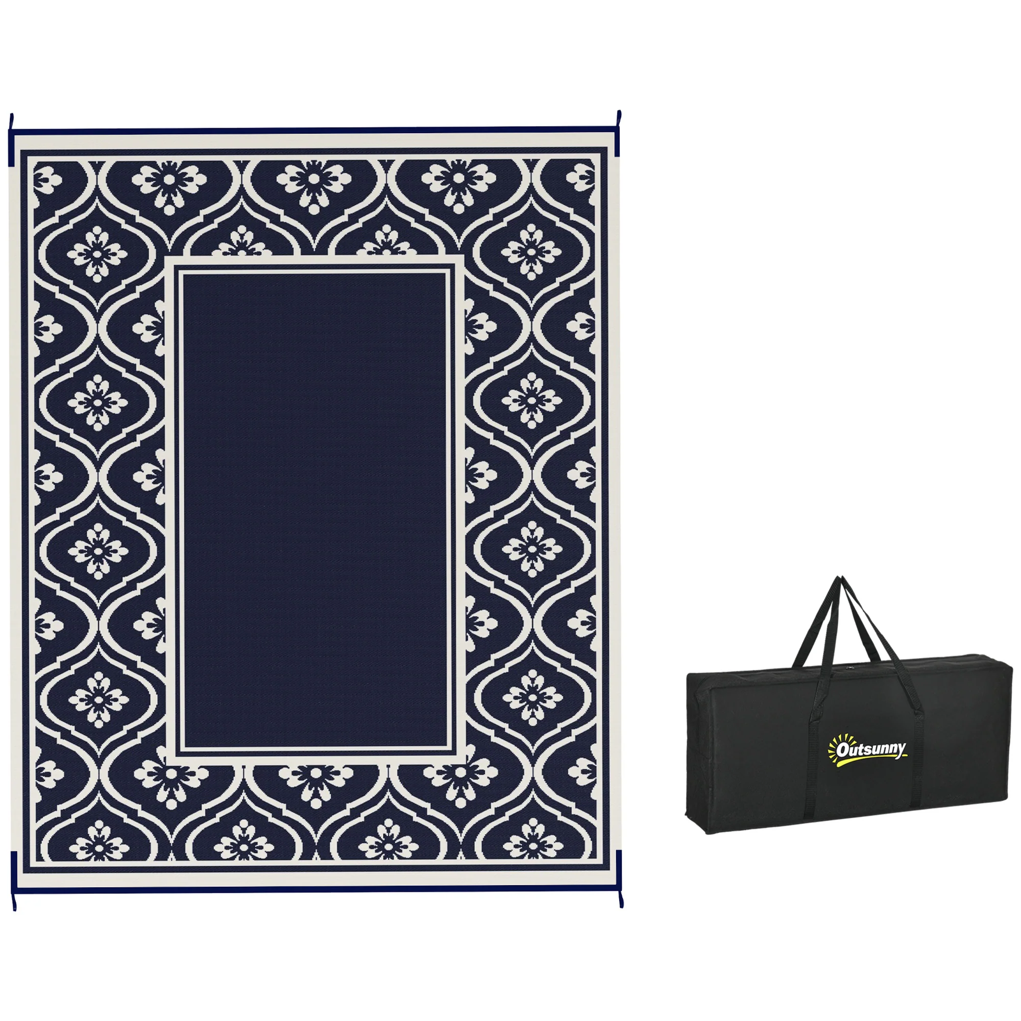 Reversible Outdoor RV Rug with Carry Bag, 8' x 10' Patio Floor Mat, Plastic Straw Rug for Backyard, Deck, Picnic, Beach, Camping, Gourd Border, Blue and White