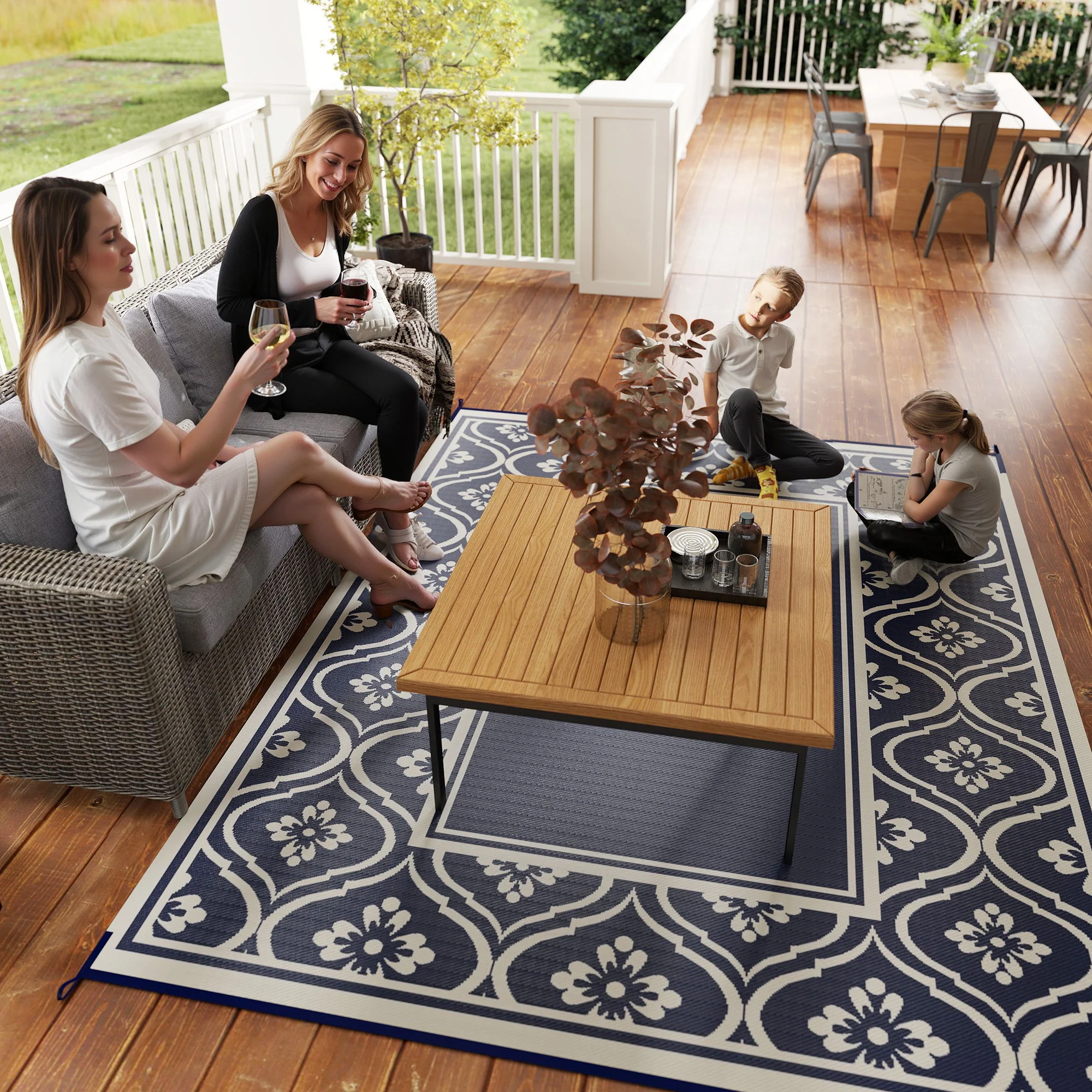 Reversible Outdoor RV Rug with Carry Bag, 8' x 10' Patio Floor Mat, Plastic Straw Rug for Backyard, Deck, Picnic, Beach, Camping, Gourd Border, Blue and White - Image 11