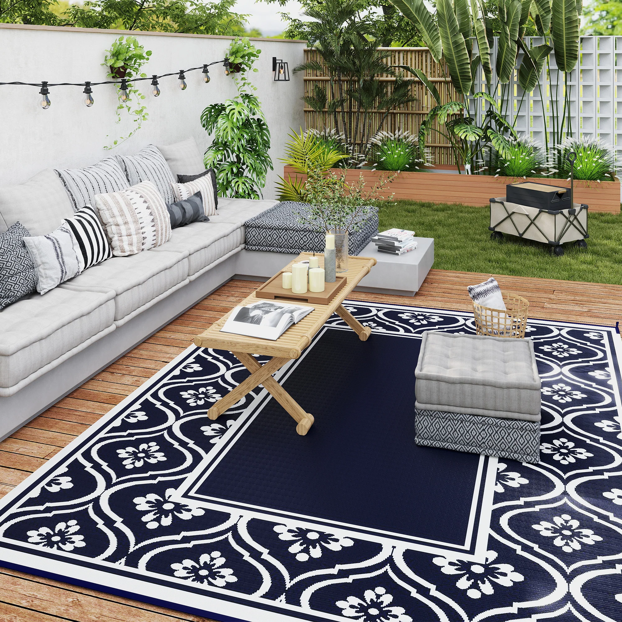 Reversible Outdoor RV Rug with Carry Bag, 8' x 10' Patio Floor Mat, Plastic Straw Rug for Backyard, Deck, Picnic, Beach, Camping, Gourd Border, Blue and White - Image 4