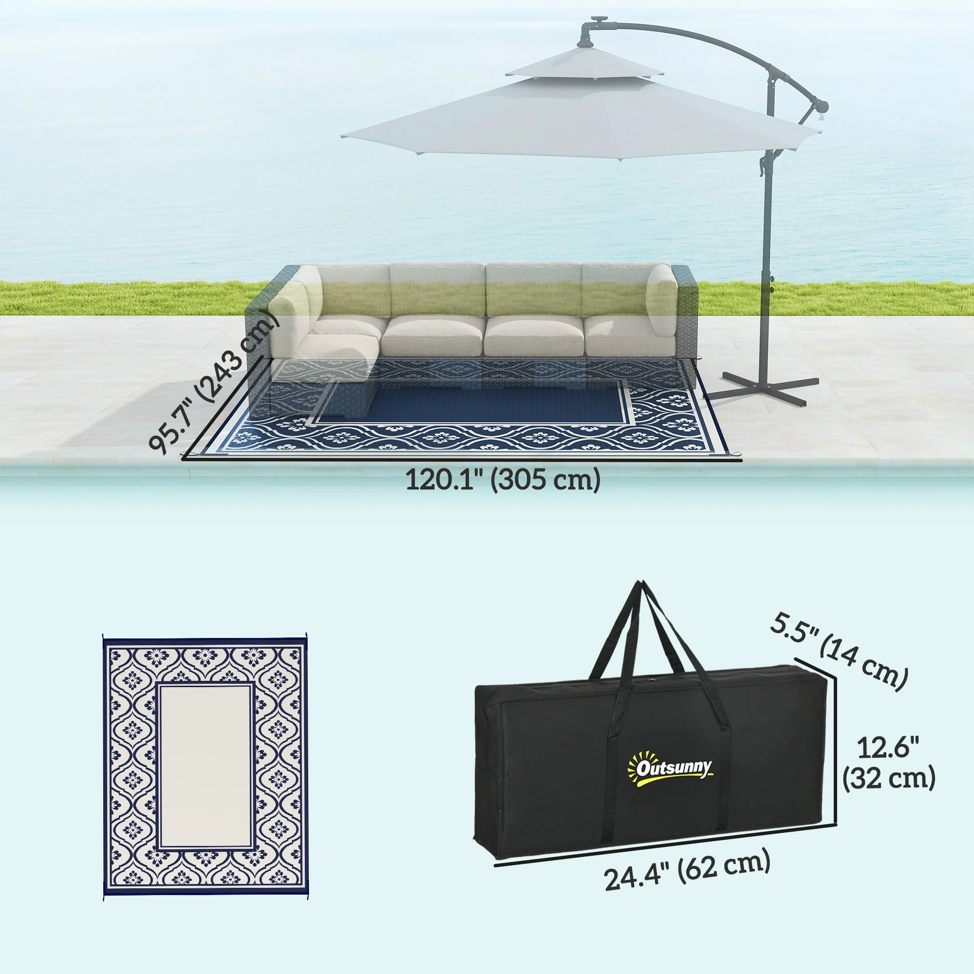 Reversible Outdoor RV Rug with Carry Bag, 8' x 10' Patio Floor Mat, Plastic Straw Rug for Backyard, Deck, Picnic, Beach, Camping, Gourd Border, Blue and White - Image 5